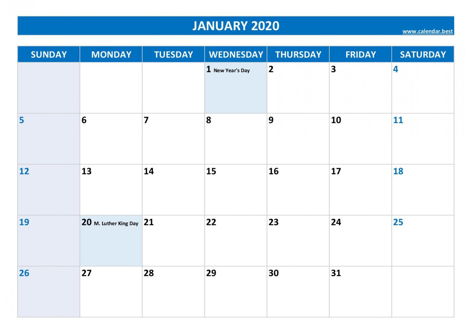 January  calendar -Calendar