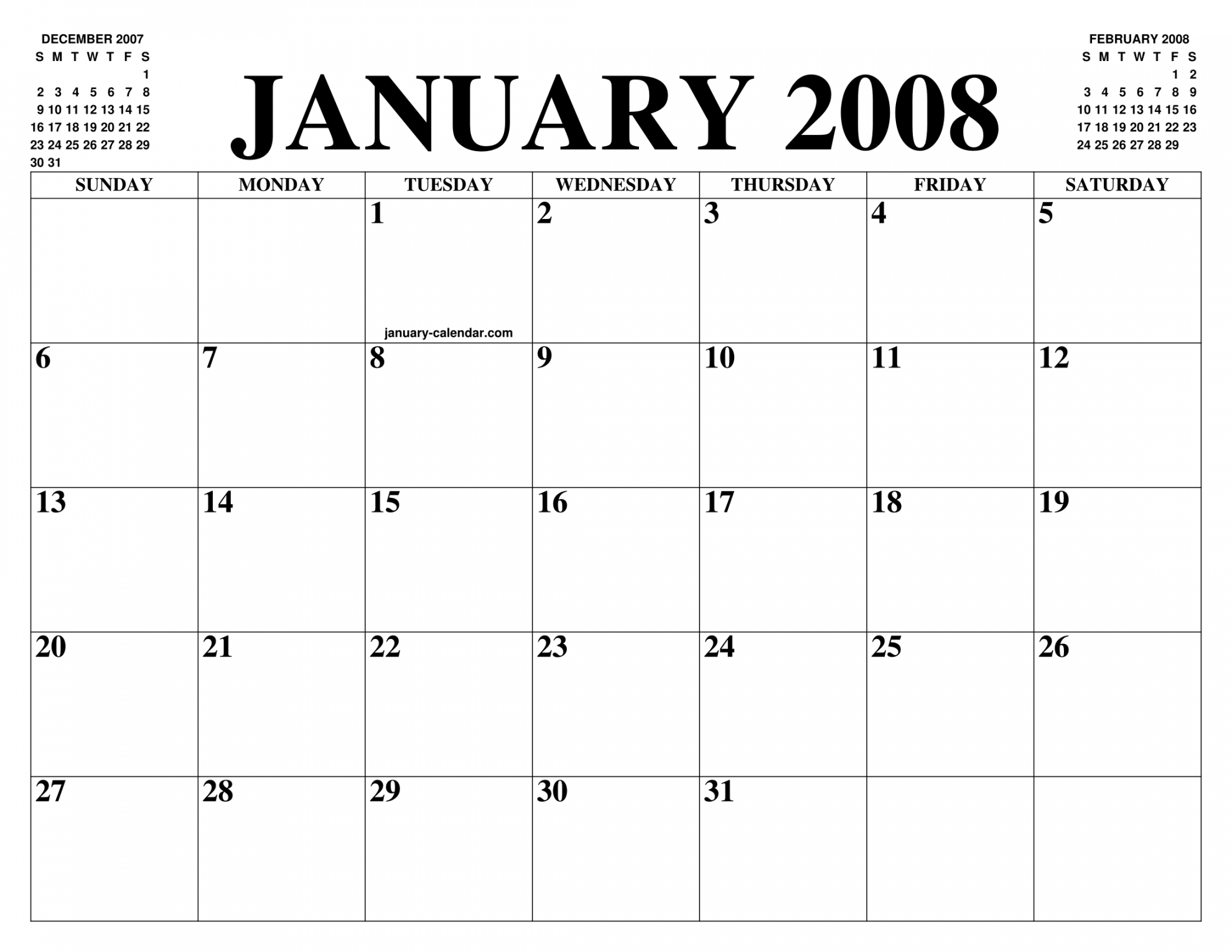 JANUARY  CALENDAR OF THE MONTH: FREE PRINTABLE JANUARY