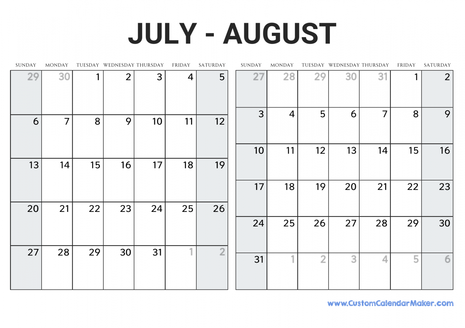 july and august printable calendar template