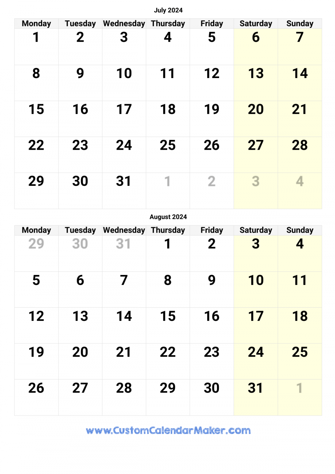 July and August  Printable Calendar Template