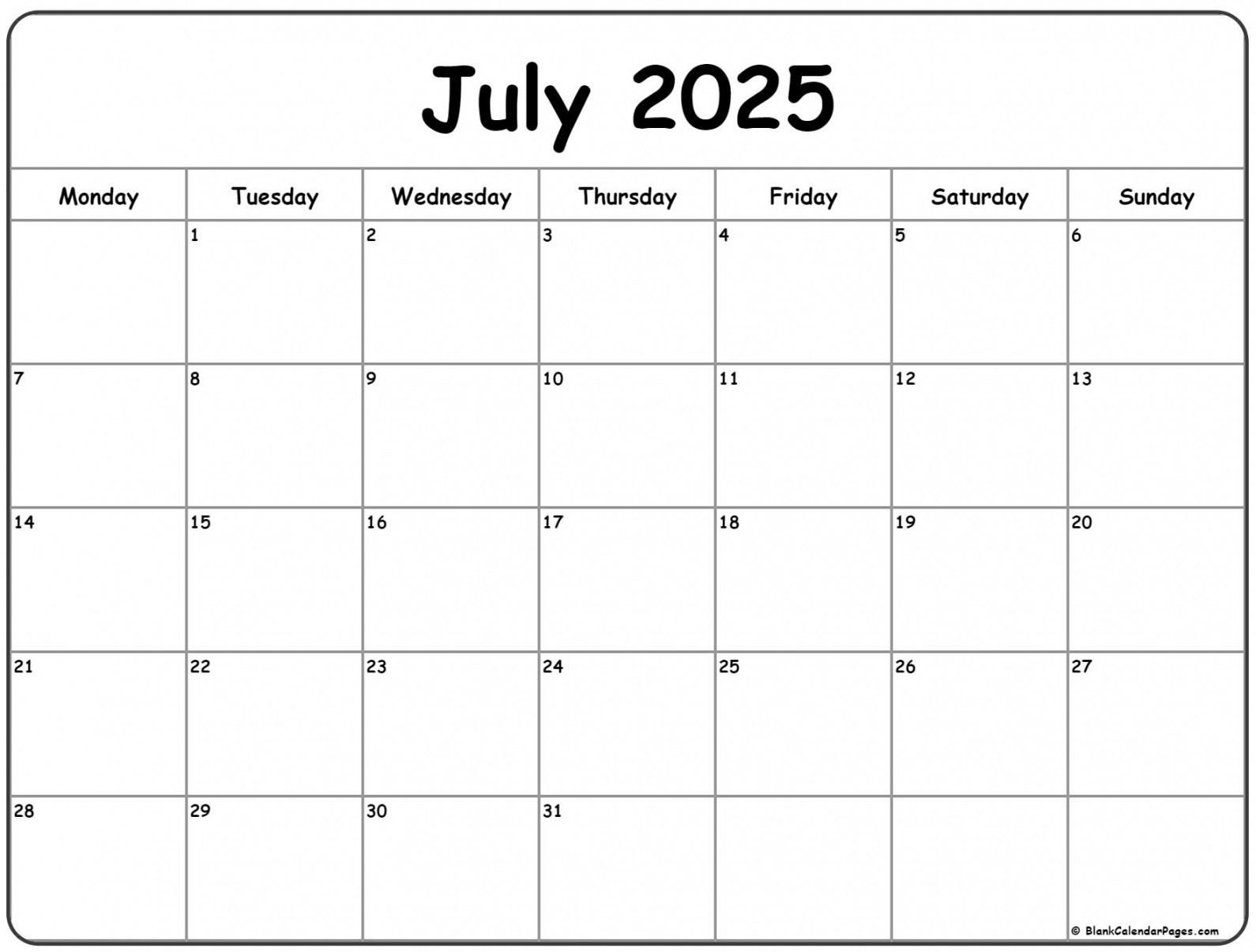 July  Monday Calendar  Monday to Sunday