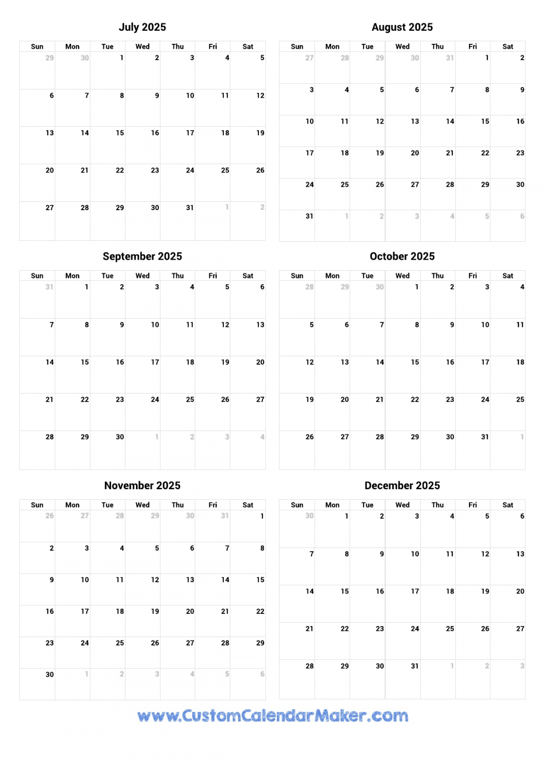 July to December  Printable Calendar