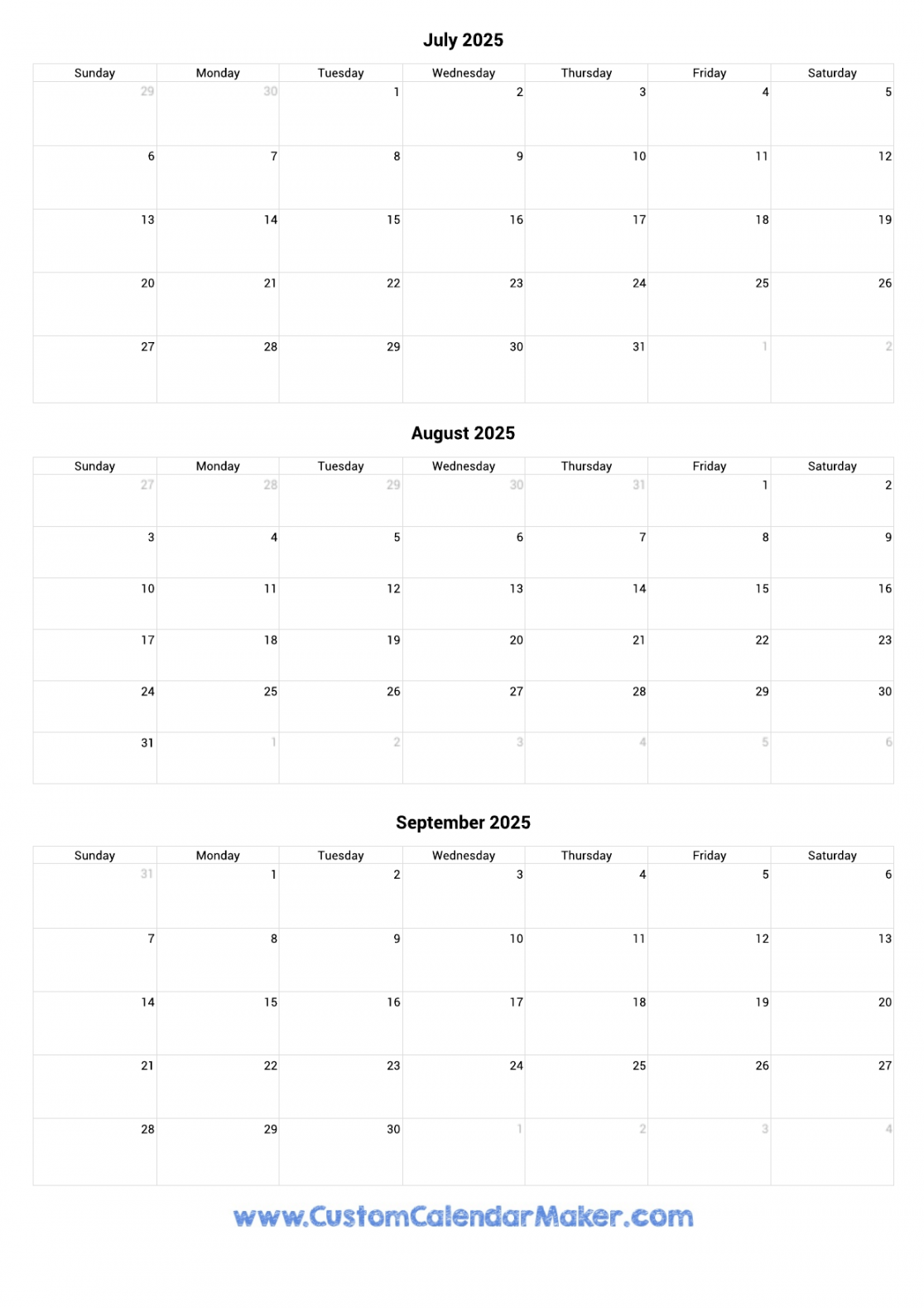 July to September  Calendar Printable