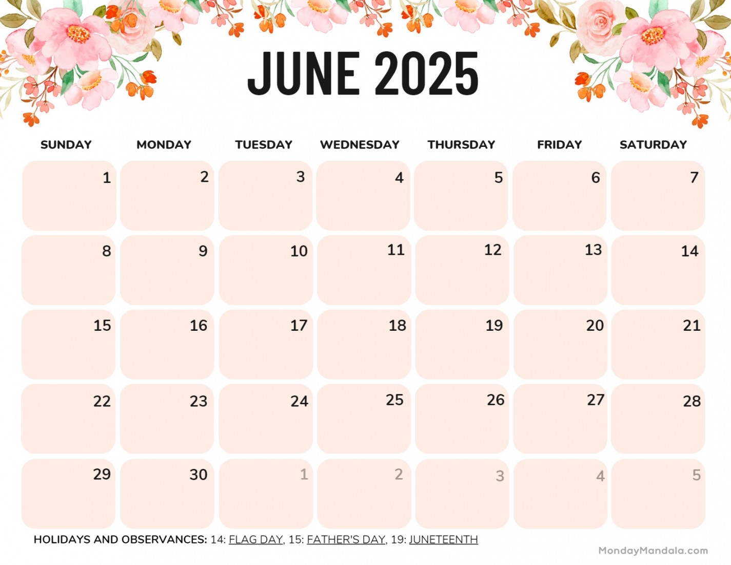 June  Calendar ( Free PDF Printables)