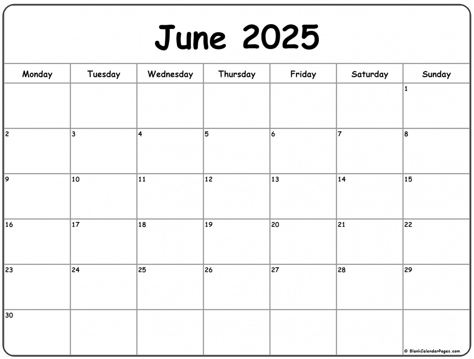 june monday calendar monday to sunday