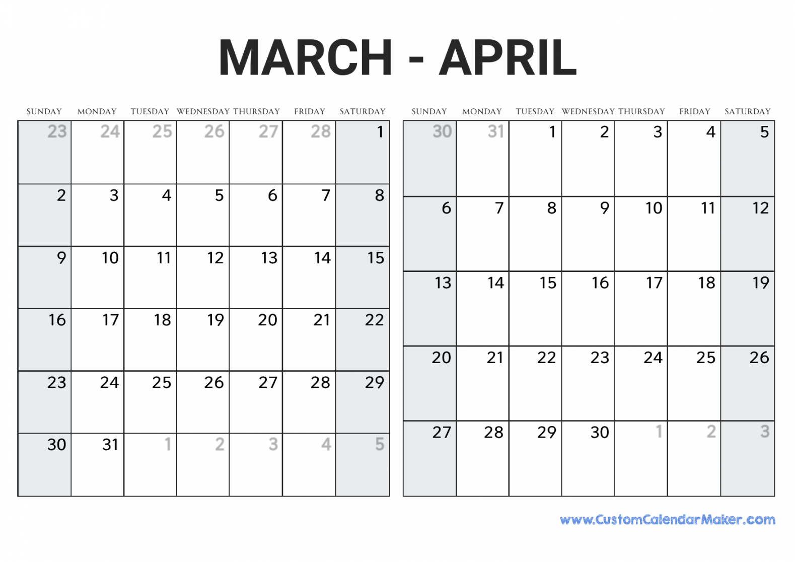 March and April  Printable Calendar Template