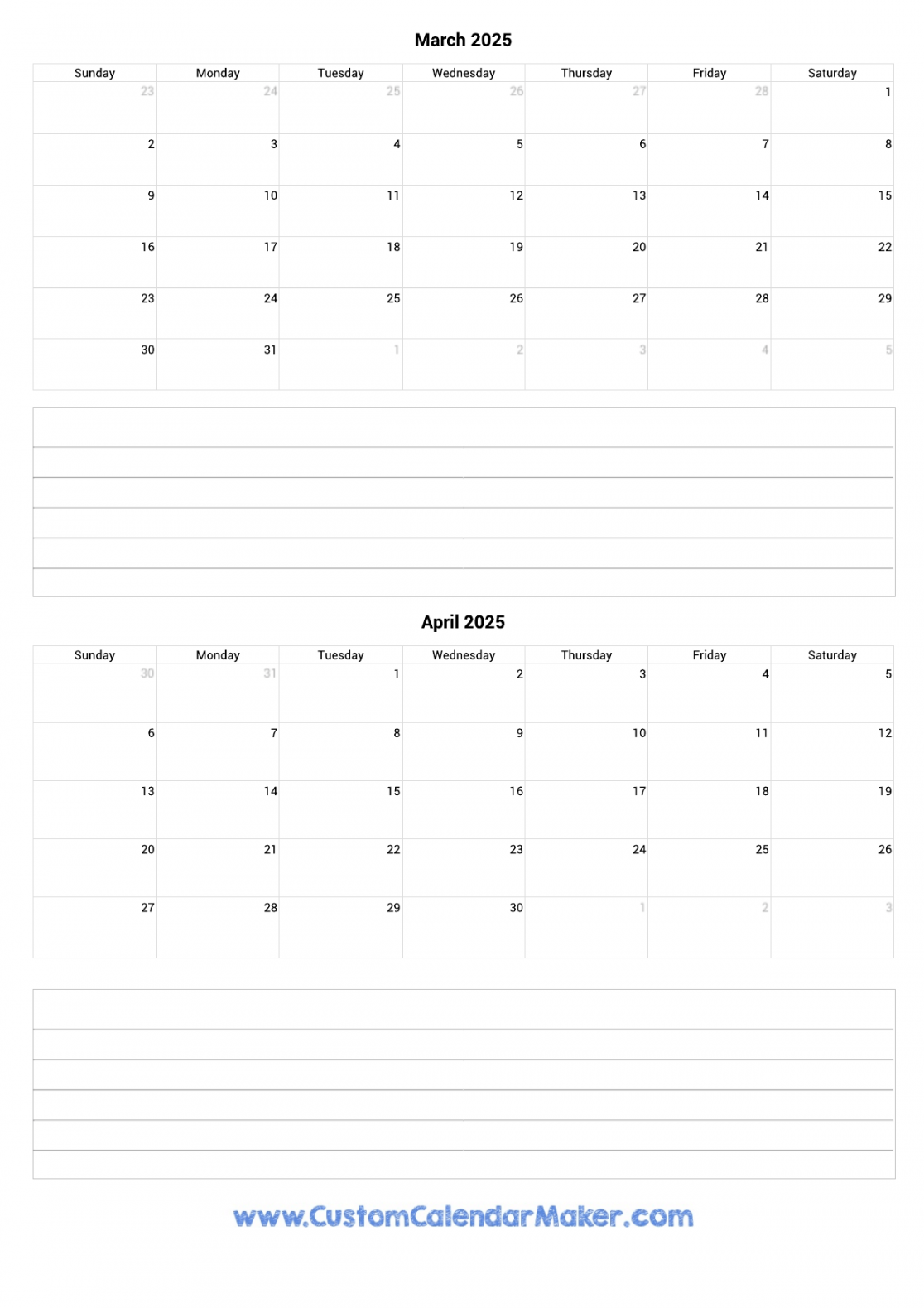 March and April  Printable Calendar Template