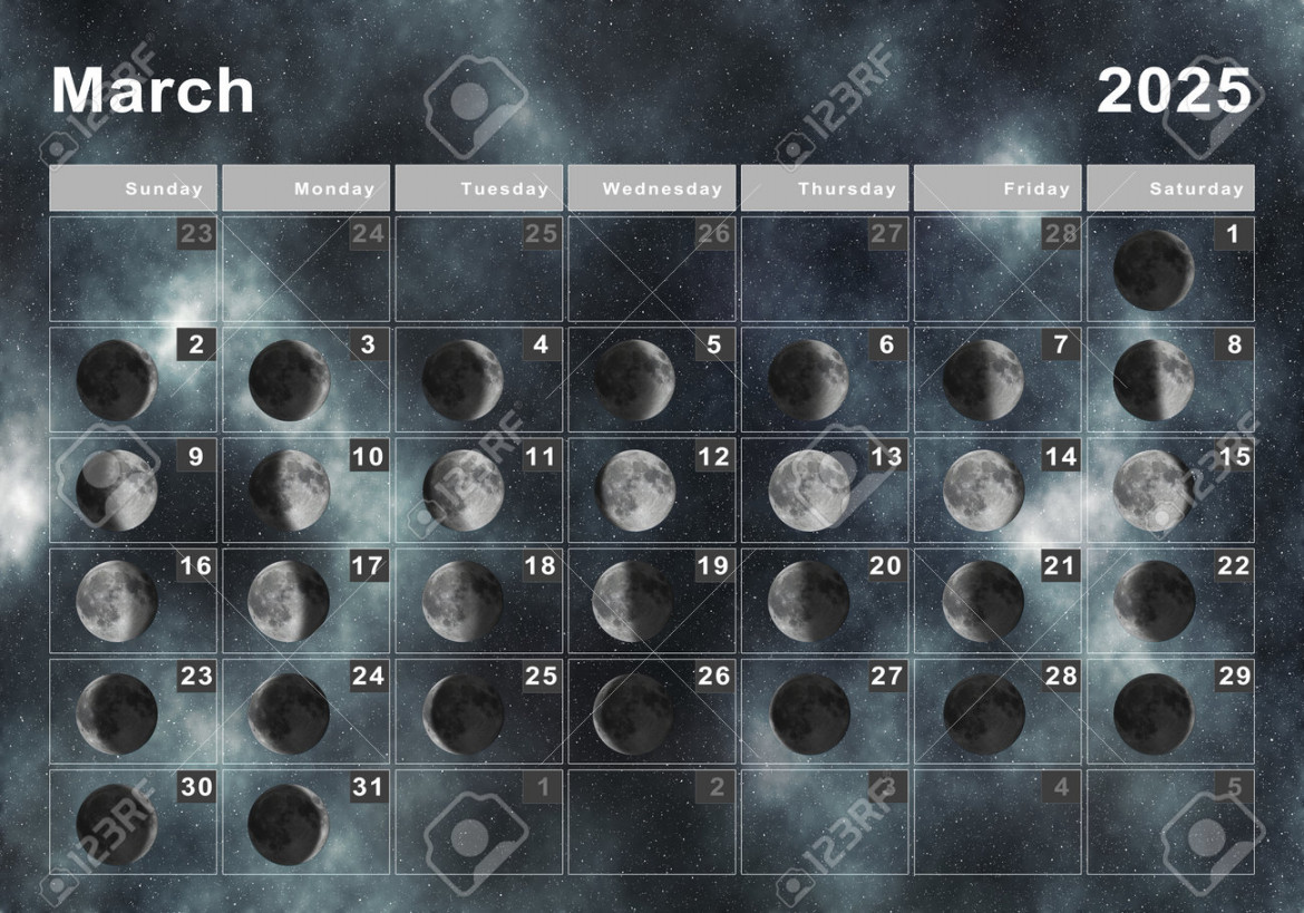 March  Lunar Calendar, Moon Cycles, Moon Phases Stock Photo