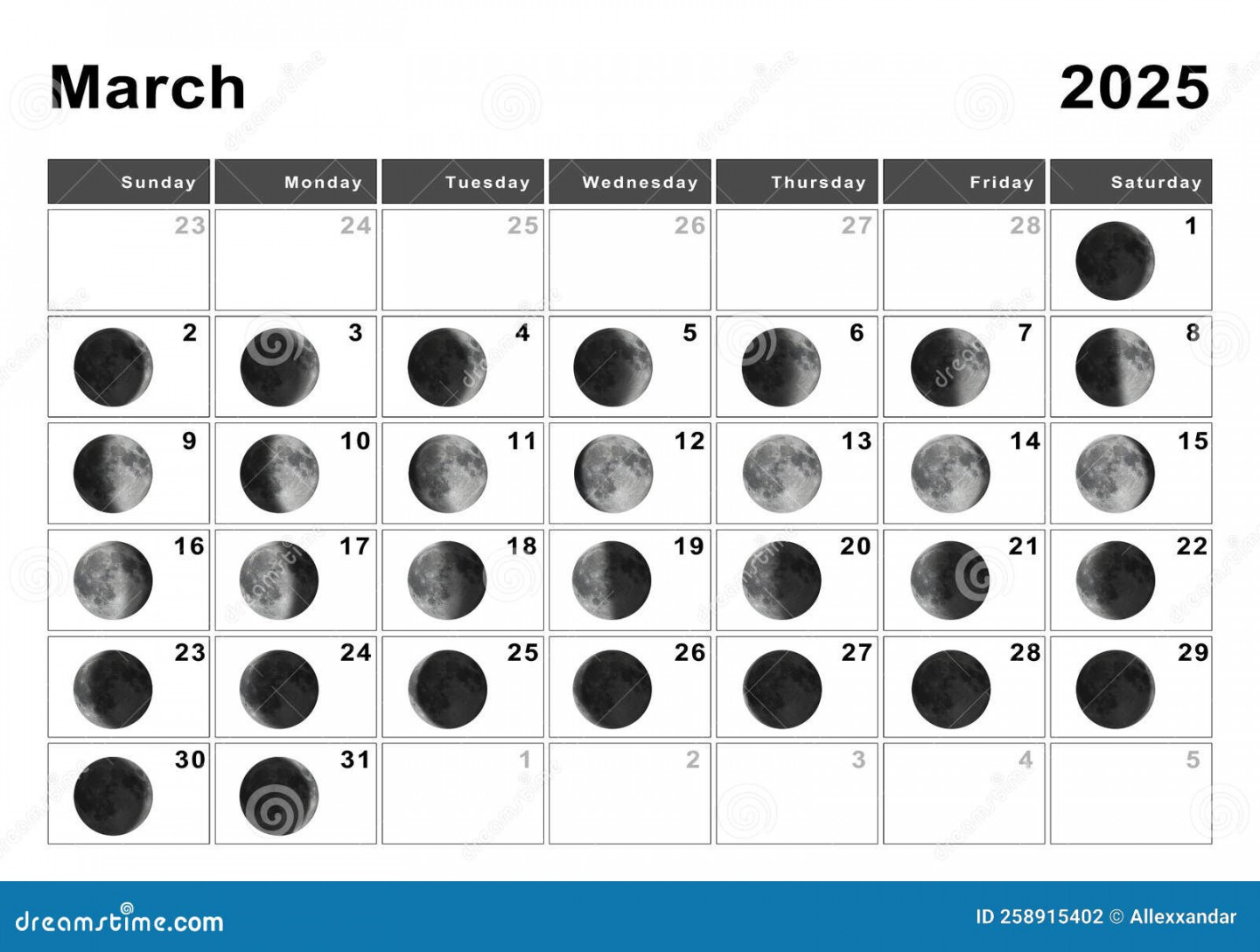 March  Lunar Calendar, Moon Cycles Stock Illustration