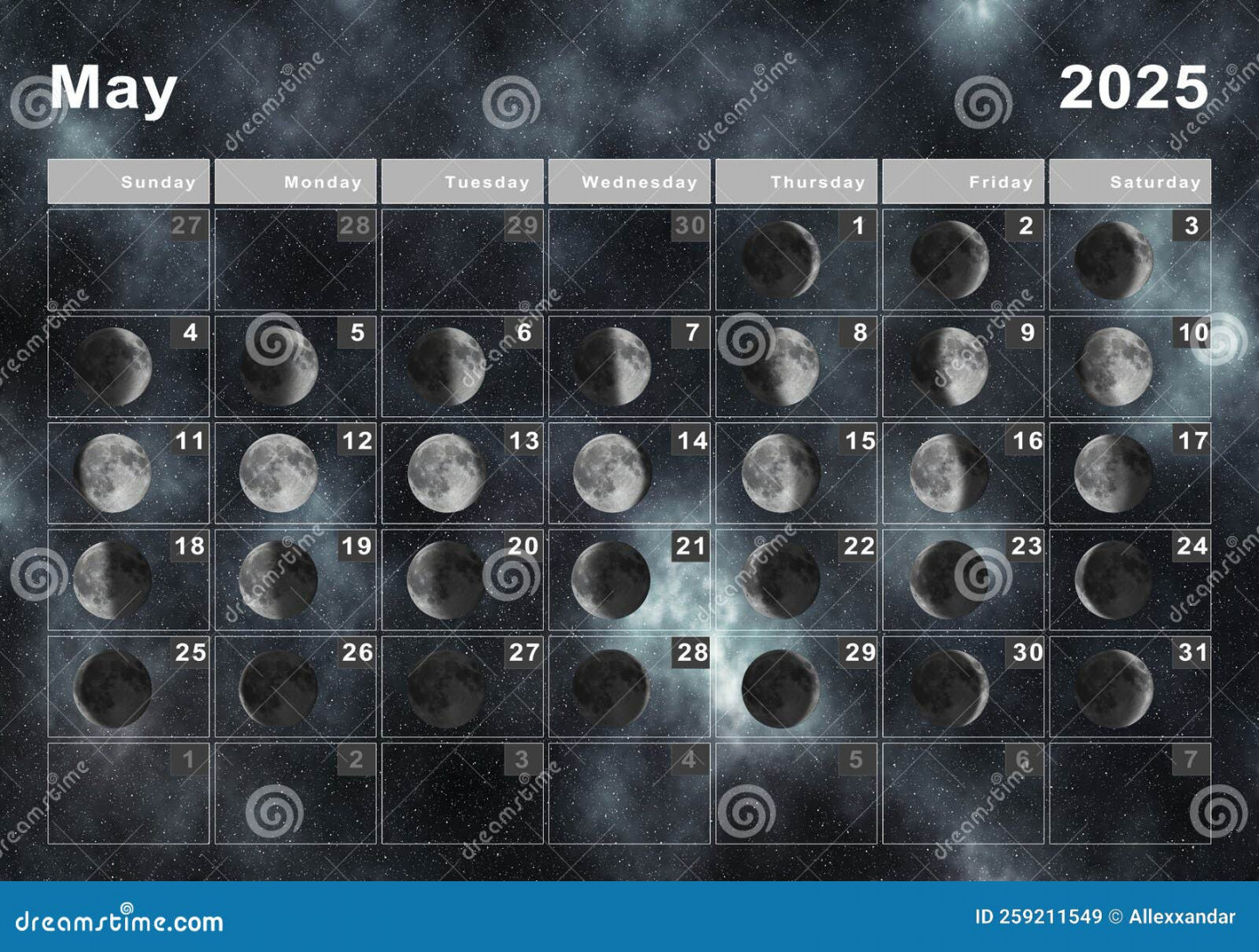 May  Lunar Calendar, Moon Cycles Stock Illustration