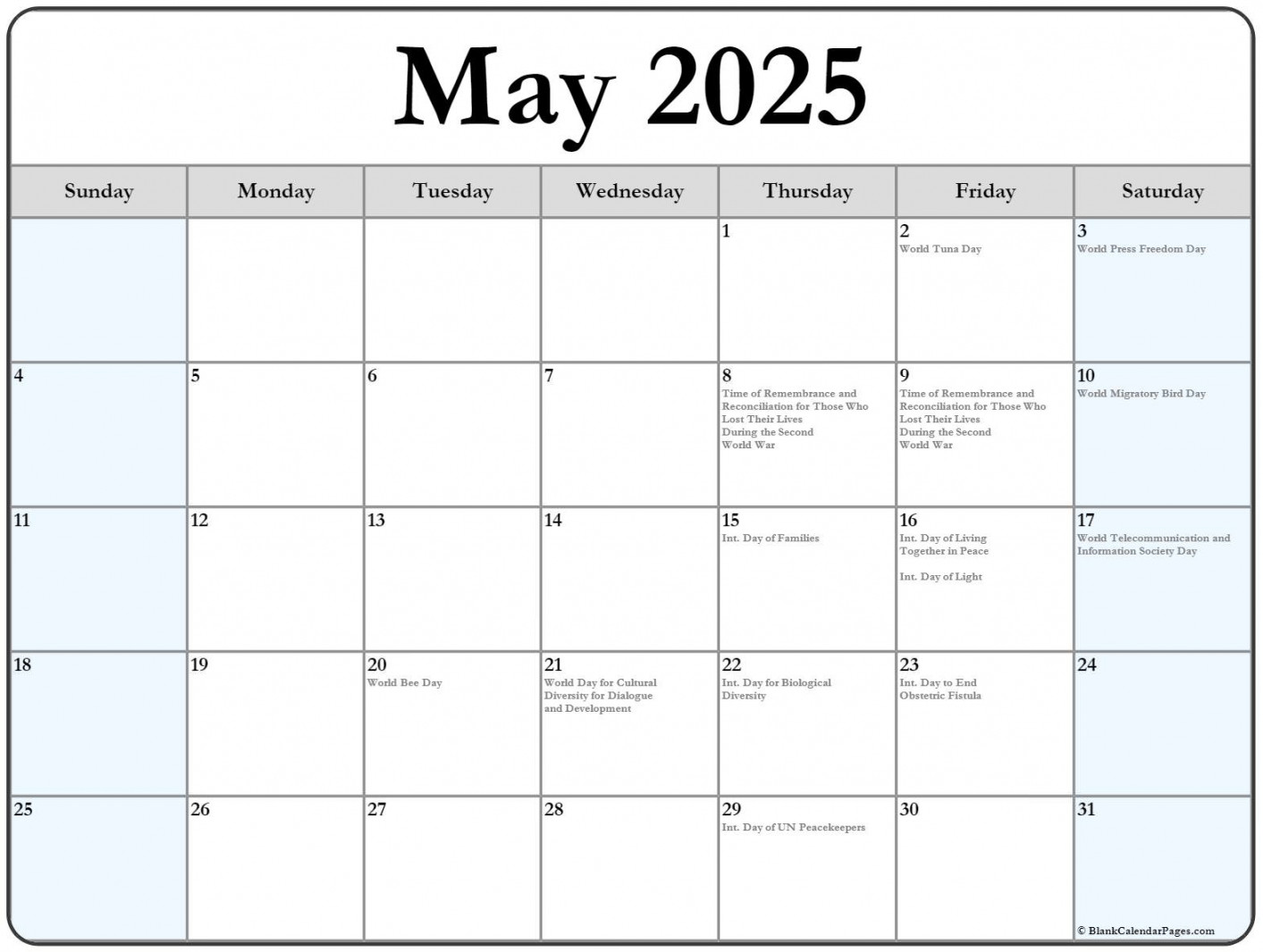 May  with holidays calendar