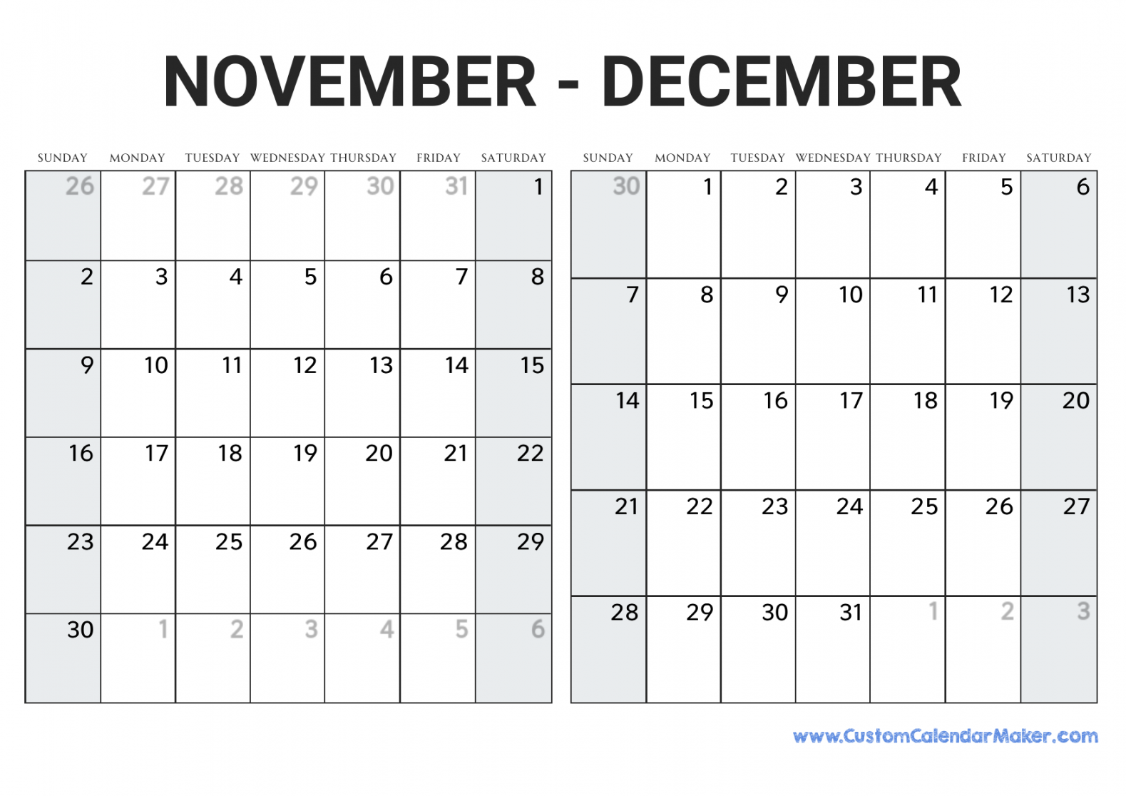 November and December  Printable Calendar Template