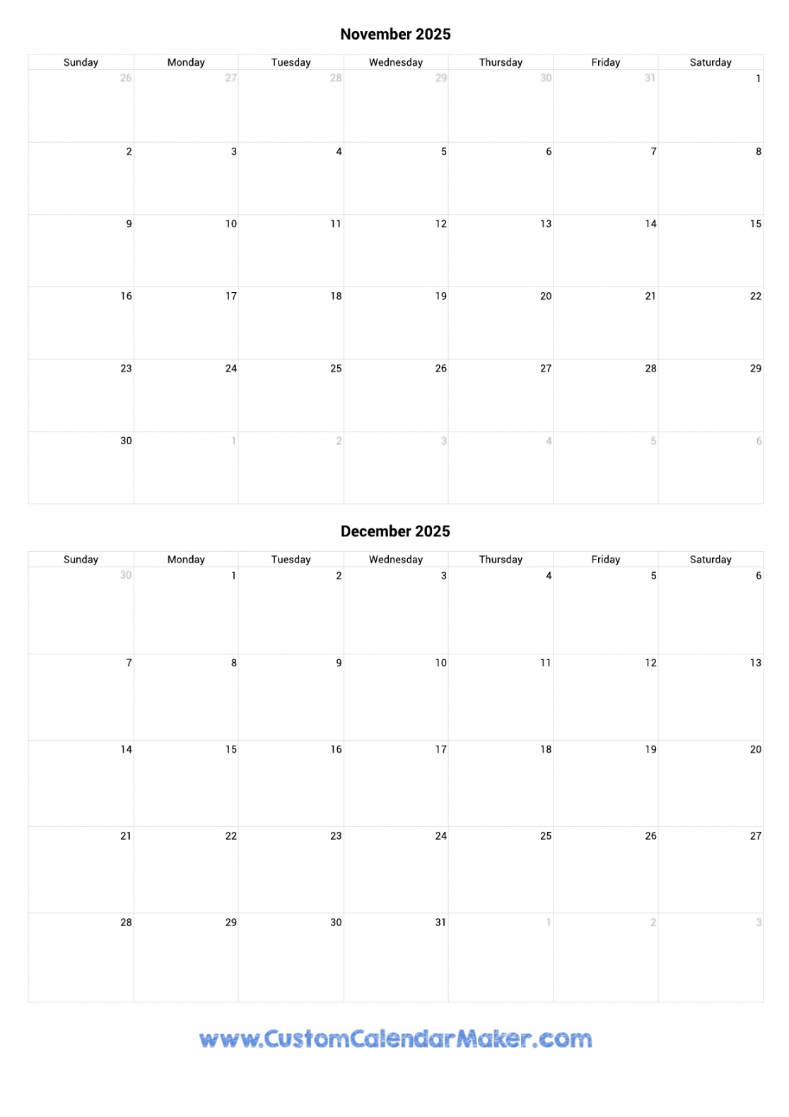 November and December  Printable Calendar Template