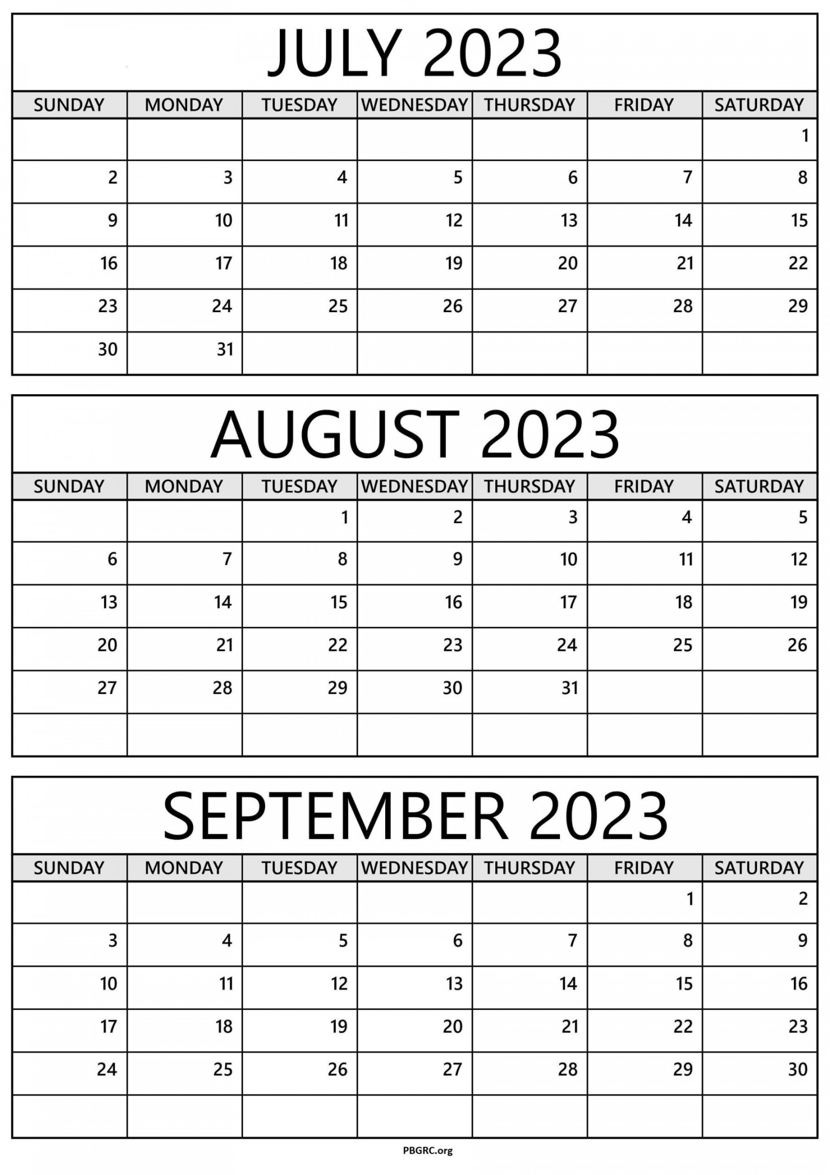 Printable July August September  Calendar Templates