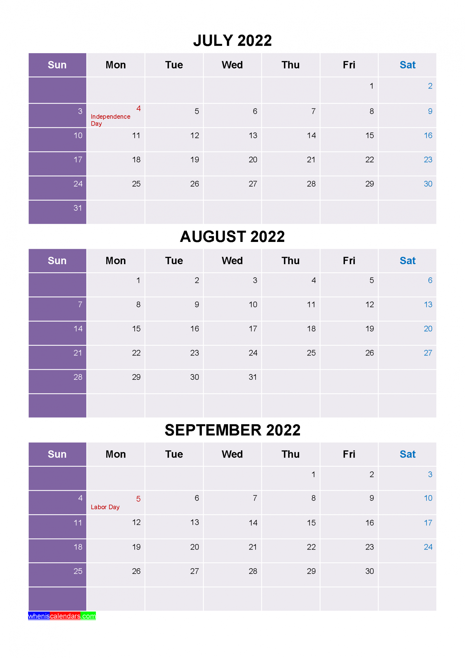 Printable July August September  Calendar with Holidays [Four