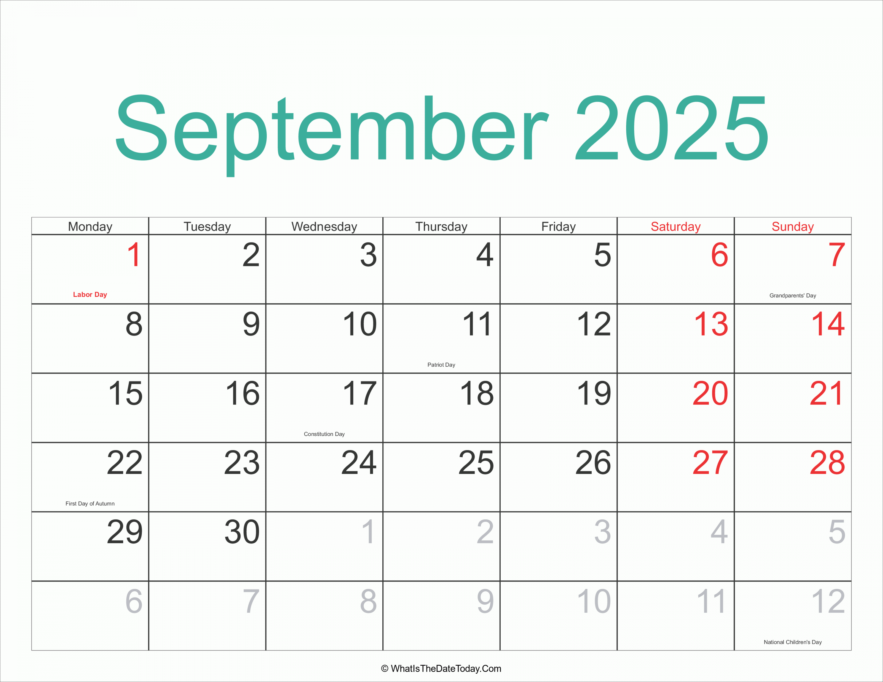 September  Calendar Printable with Holidays