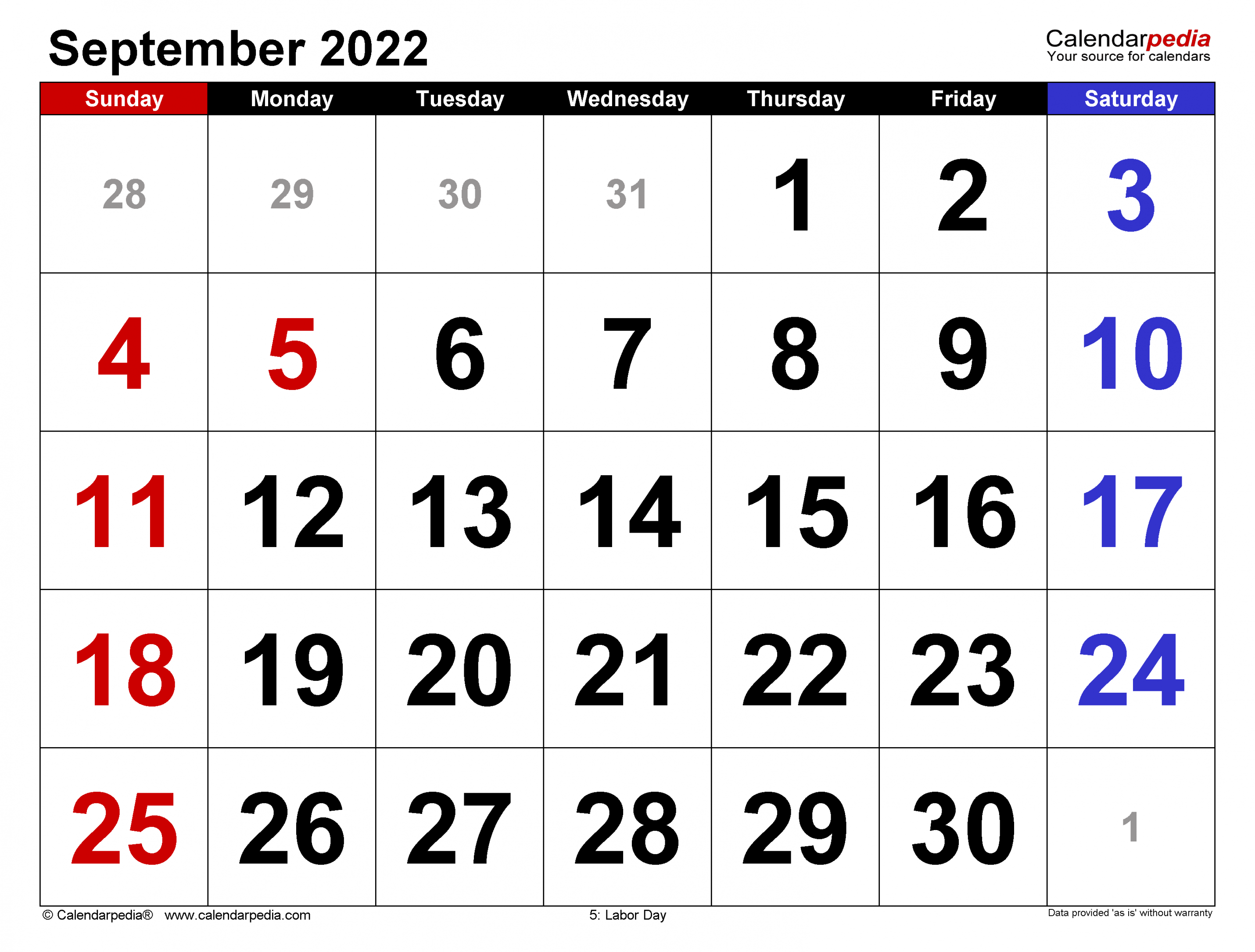 September  Calendar  Templates for Word, Excel and PDF