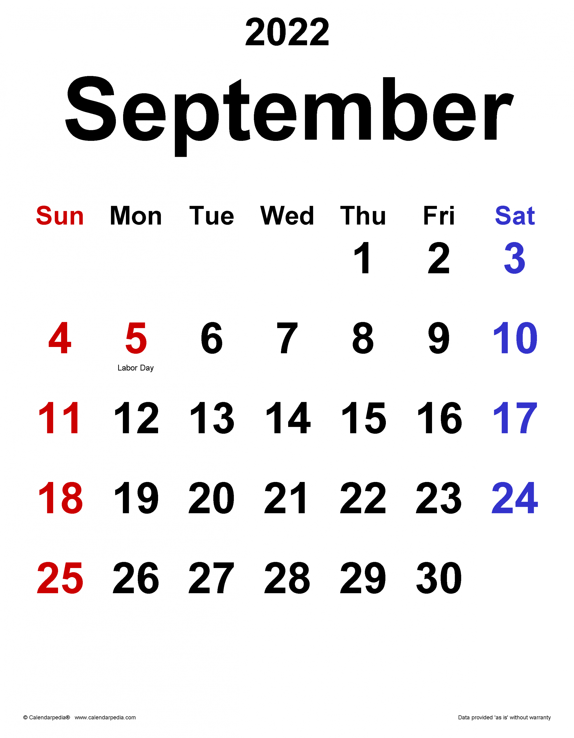 September  Calendar  Templates for Word, Excel and PDF