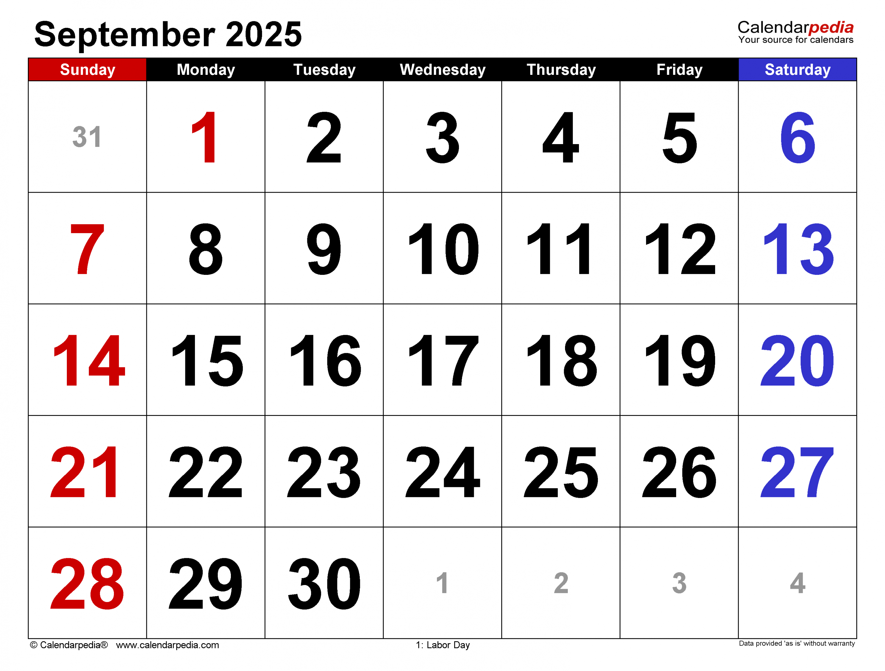 September  Calendar  Templates for Word, Excel and PDF