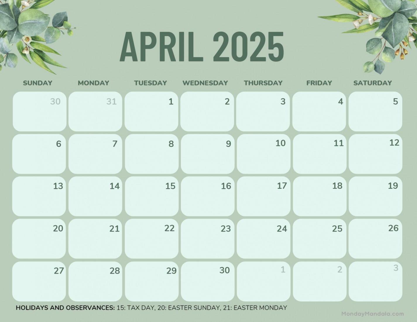 april calendar free pdf printables