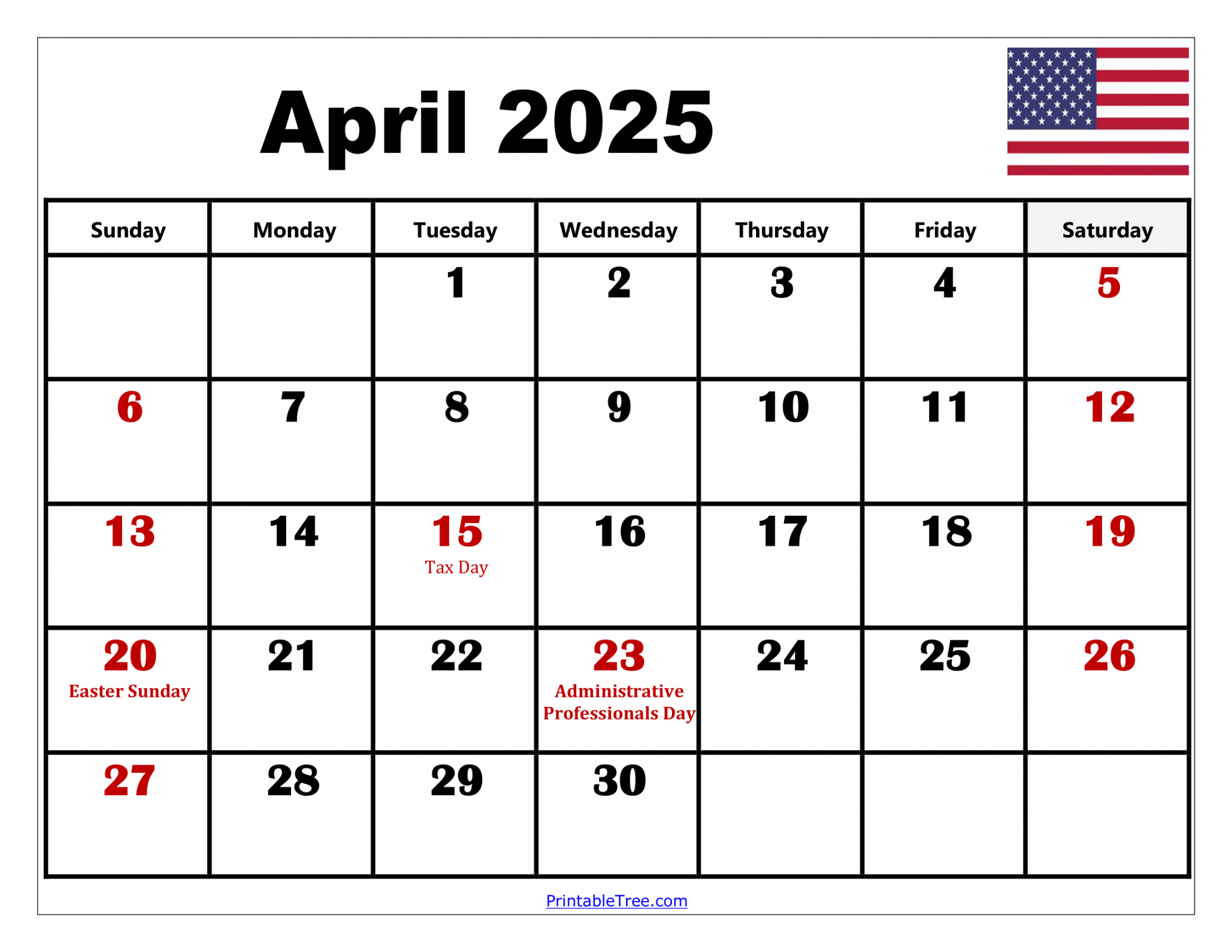 april calendar printable pdf template with holidays