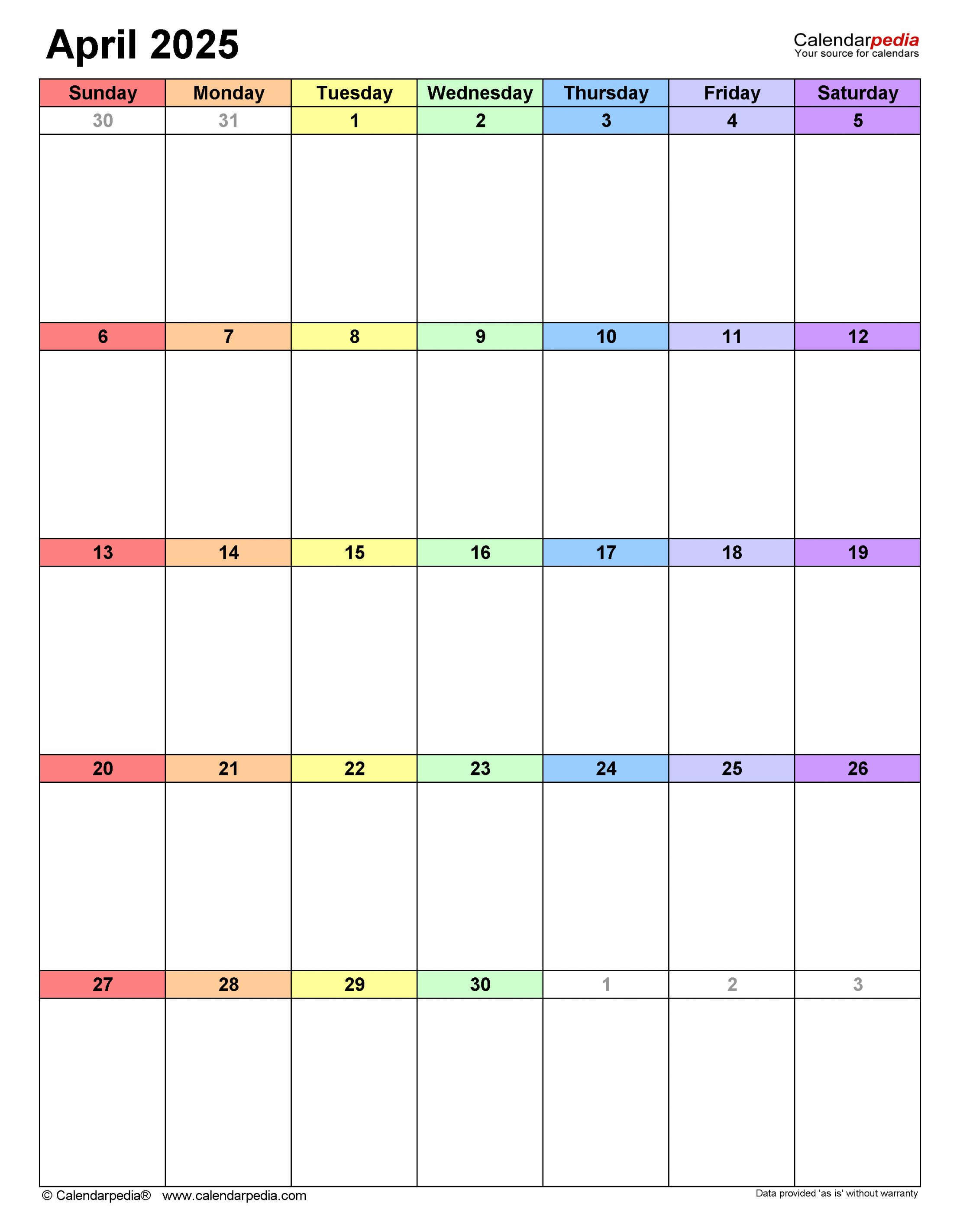 April  Calendar  Templates for Word, Excel and PDF