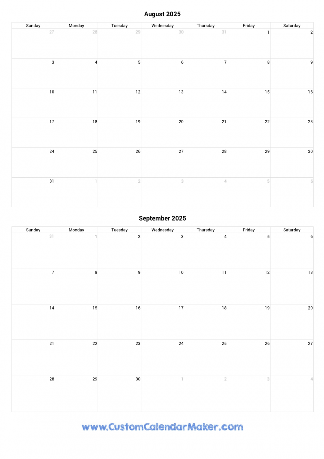 August and September  Printable Calendar Template