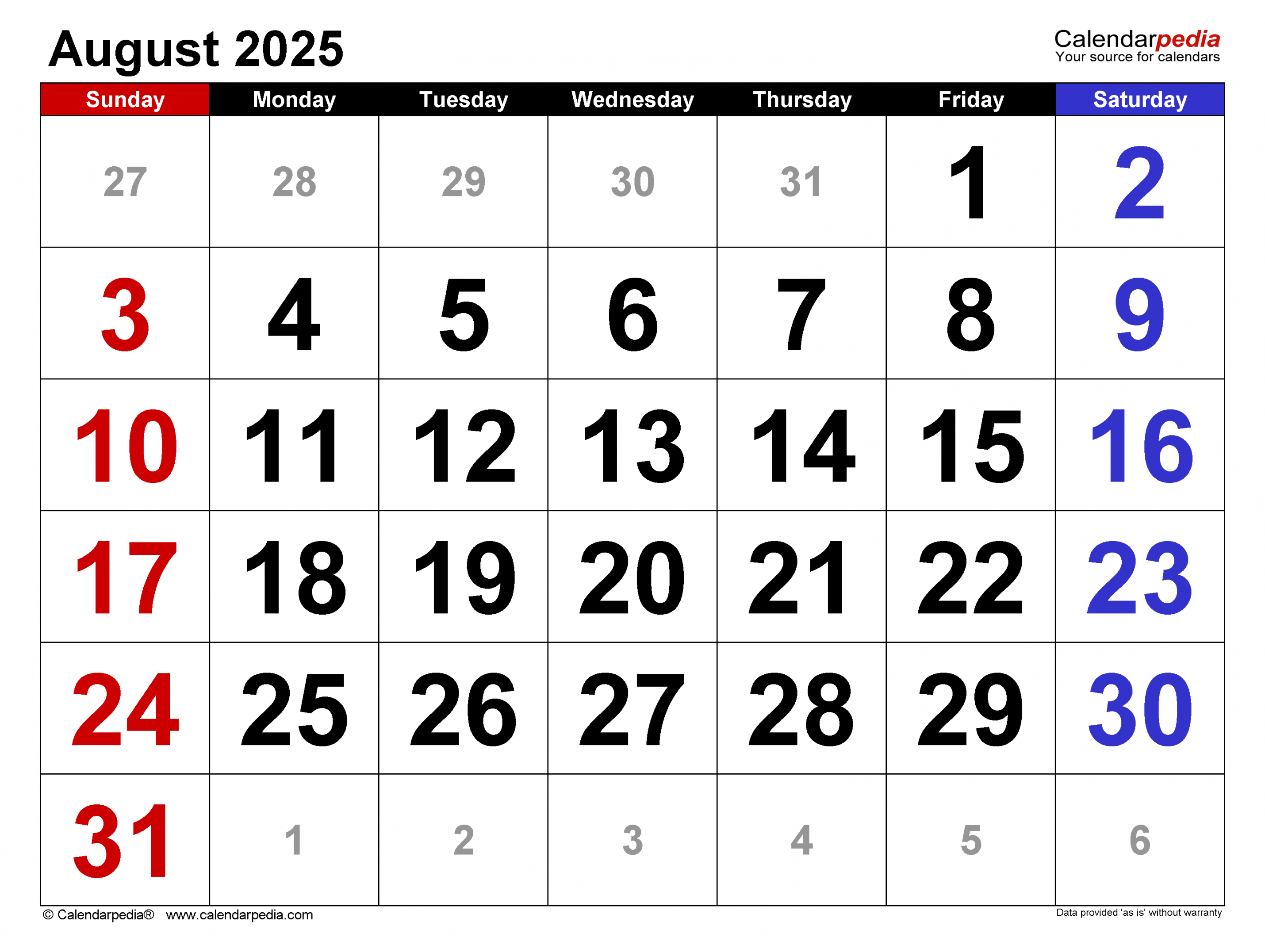 August  Calendar  Templates for Word, Excel and PDF