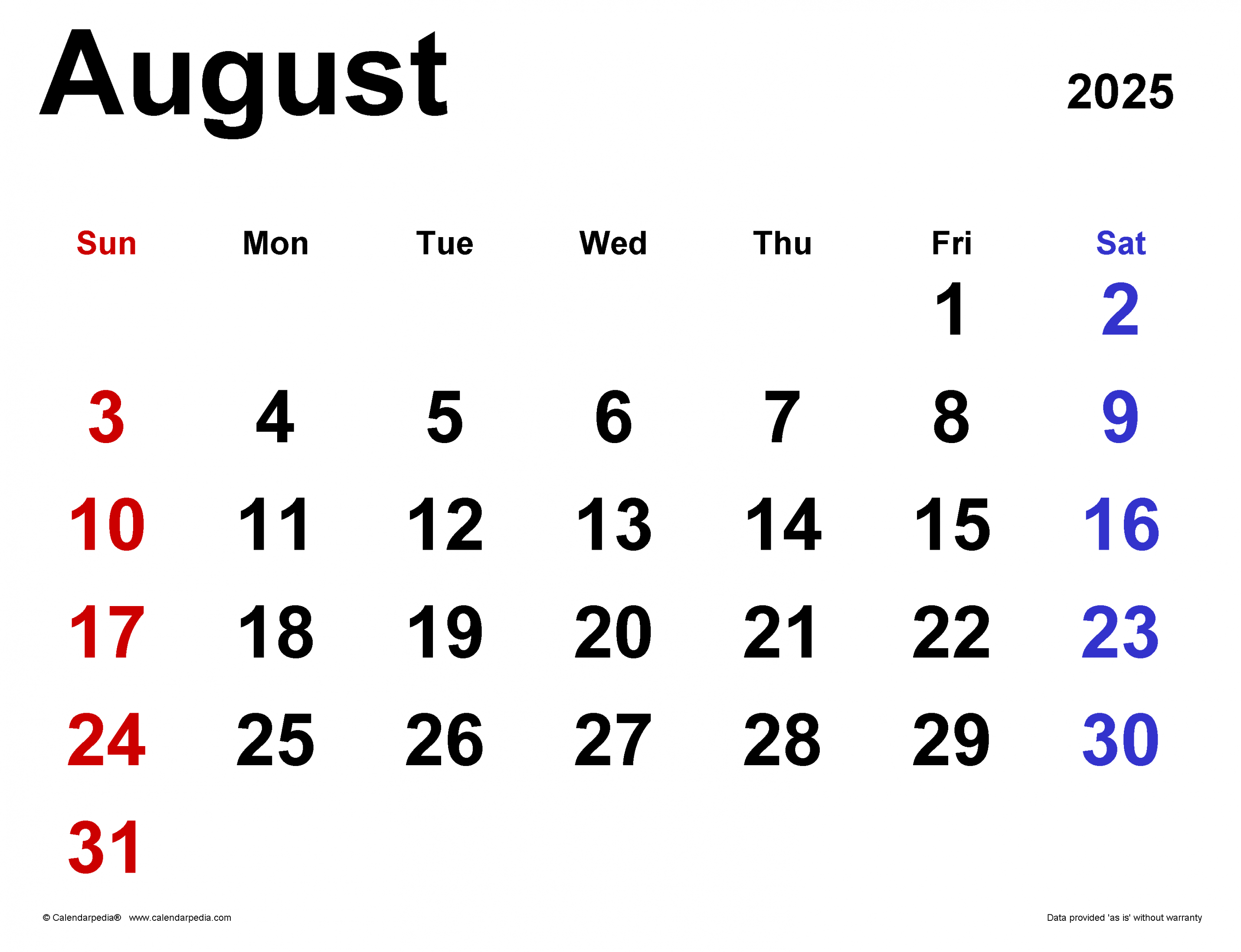 August  Calendar  Templates for Word, Excel and PDF