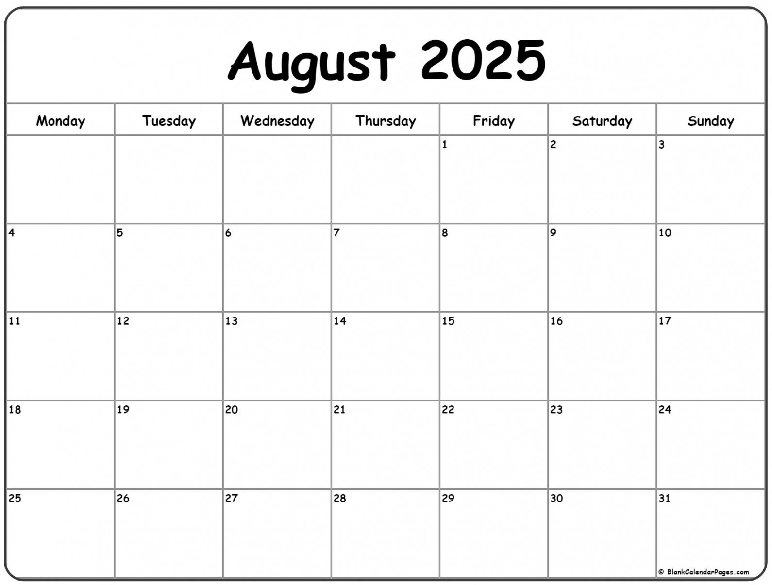 august monday calendar monday to sunday
