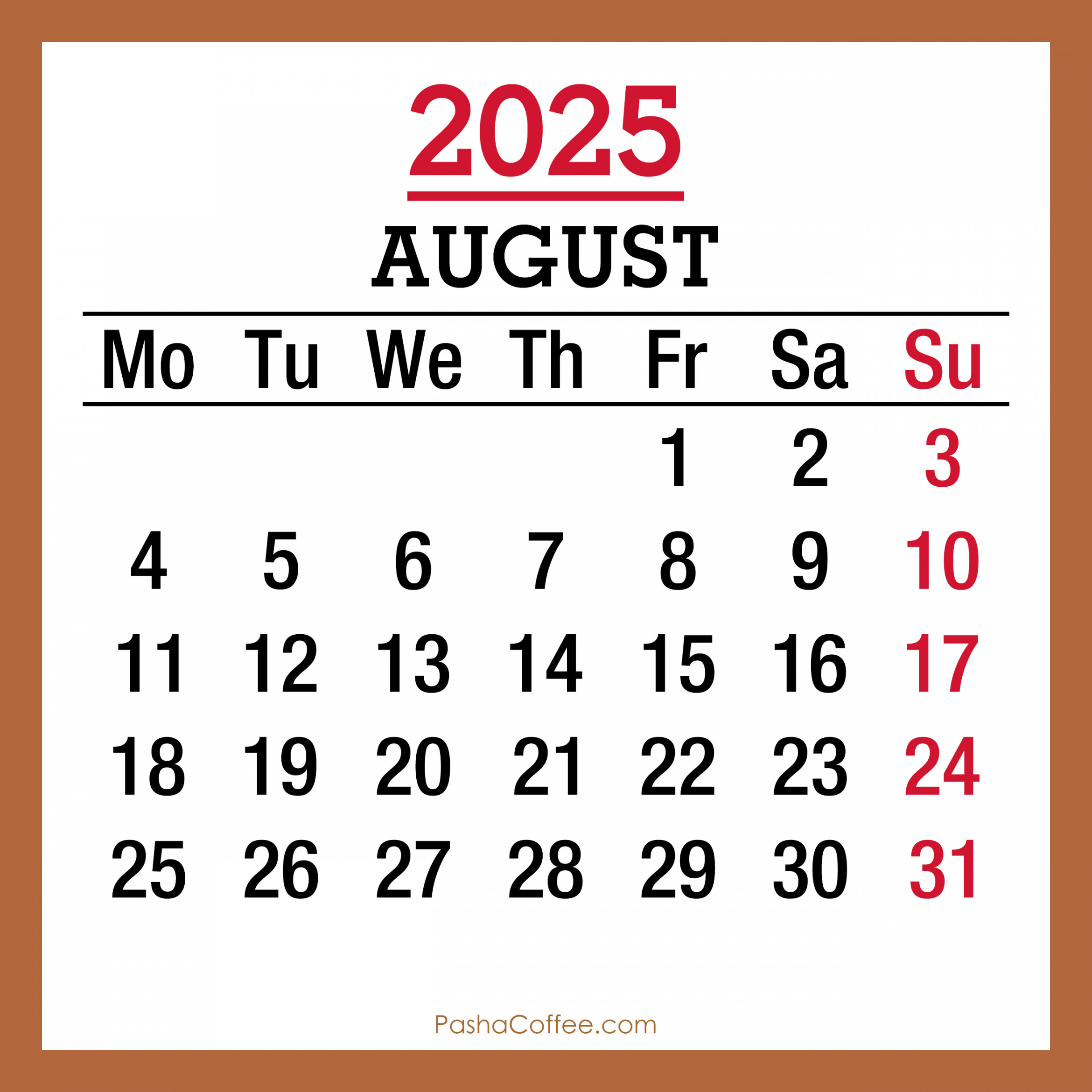 august monthly calendar printable free beige monday start 1