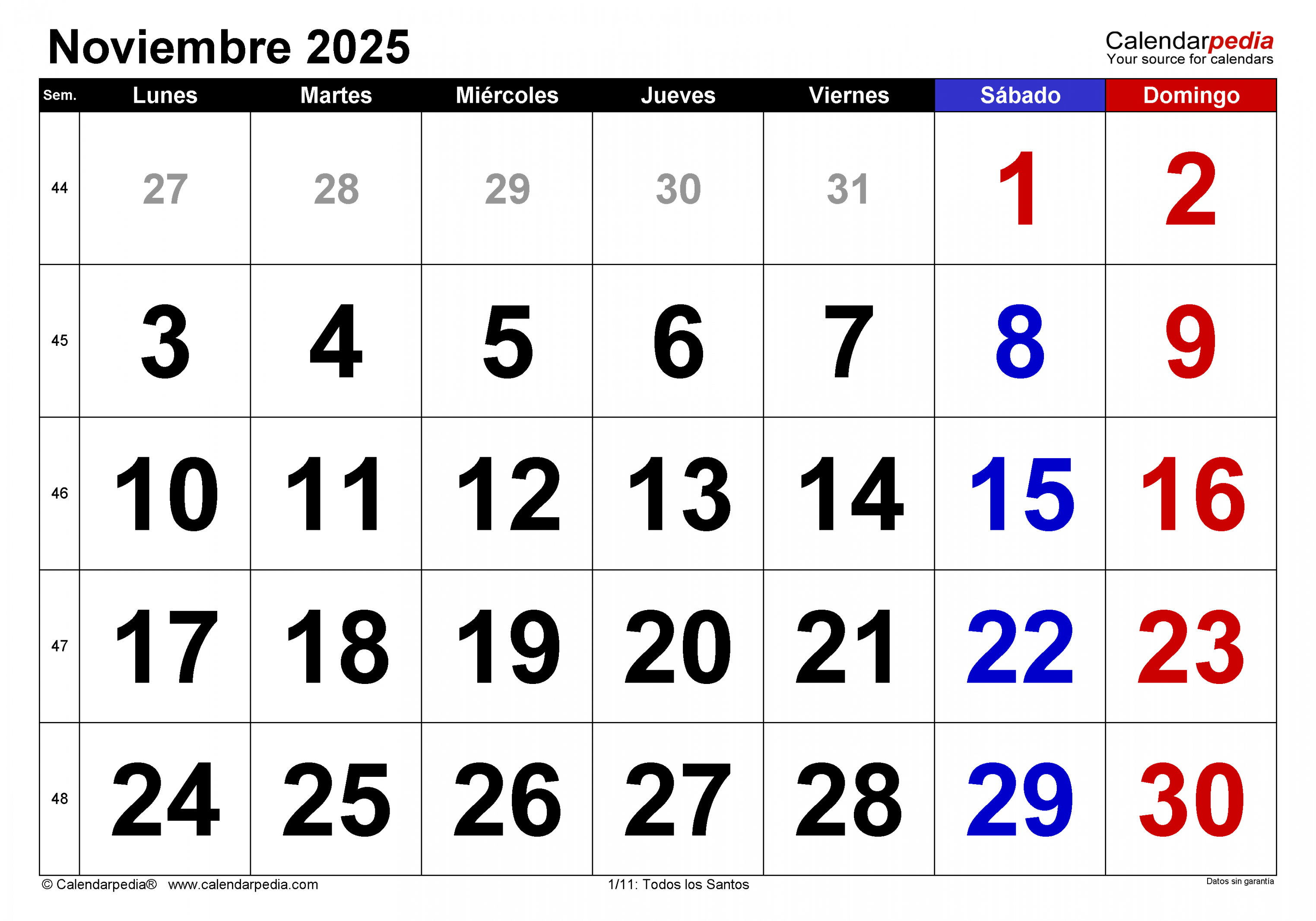 Calendario noviembre  en Word, Excel y PDF - Calendarpedia