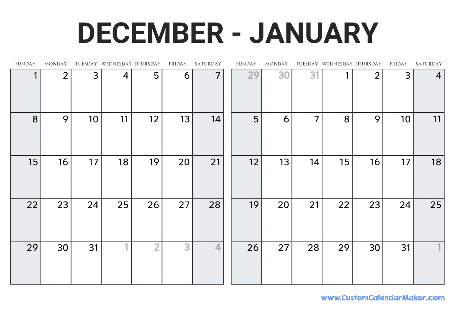 December  and January  Printable Calendar Template