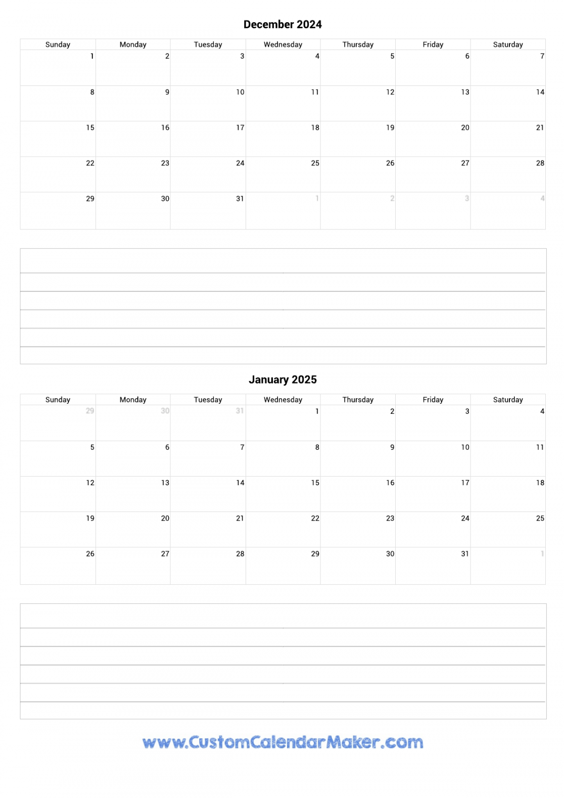 December  and January  Printable Calendar Template