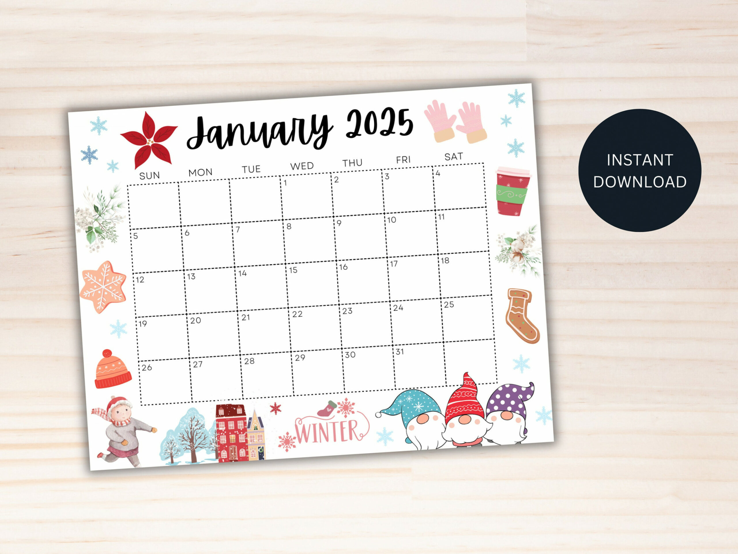 Editable January Calendar , Printable Wall Calendar , Cute