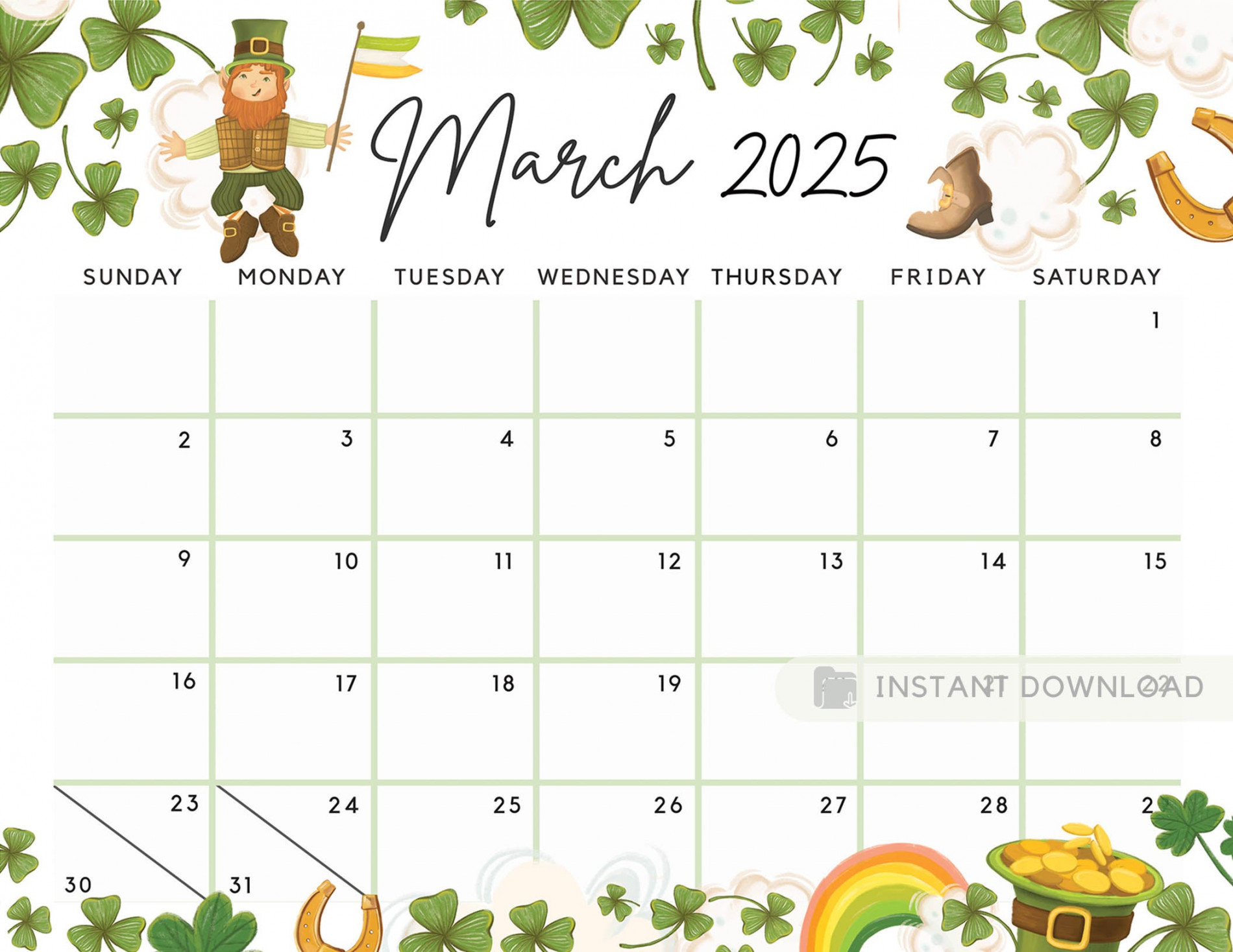 Editable March  Calendar for the Lucky Month Clovers Cute Printable  Calendar, Green Fillable Editable Planner - Instant Download