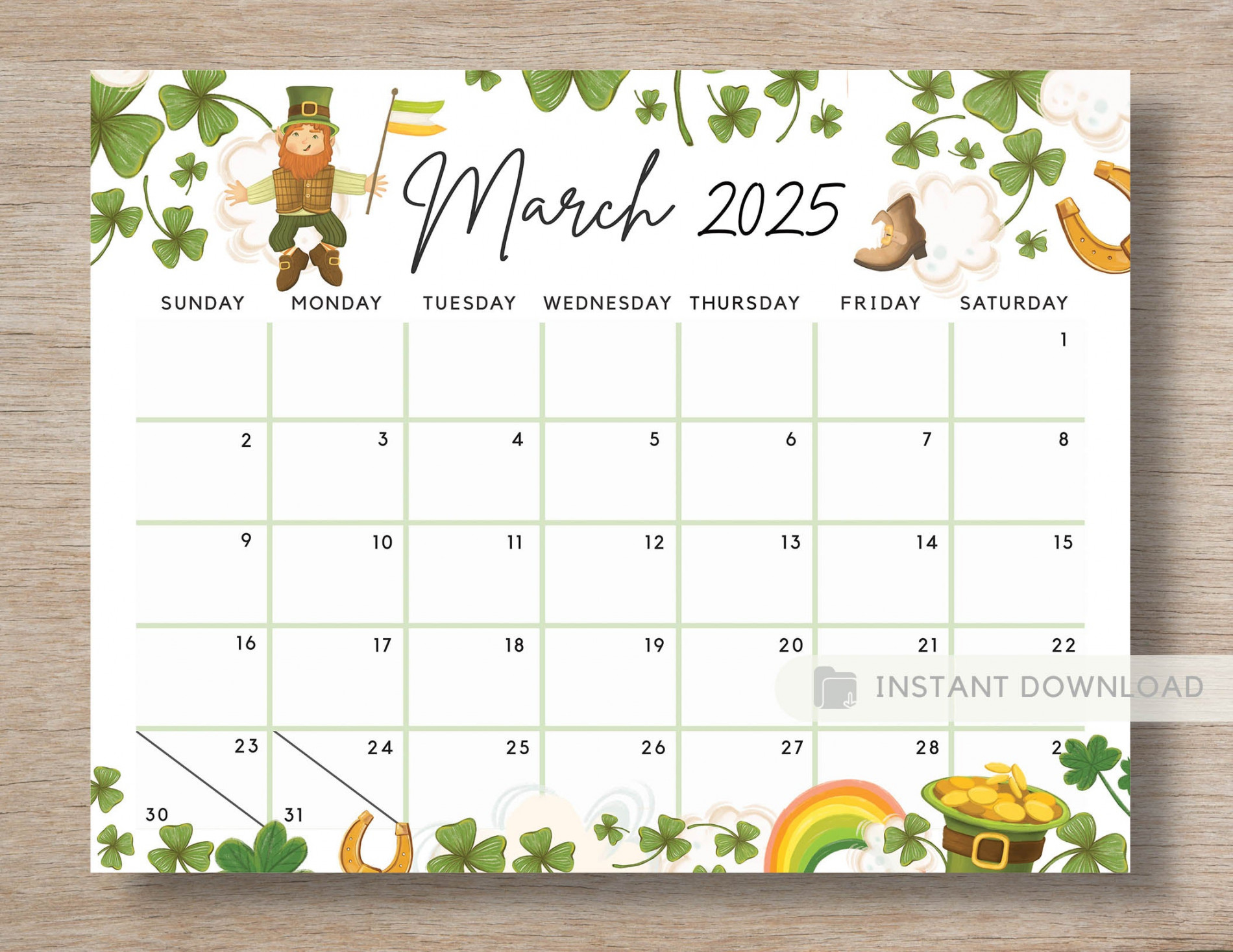 editable march calendar for the lucky month clovers cute printable calendar green fillable editable planner instant download 1