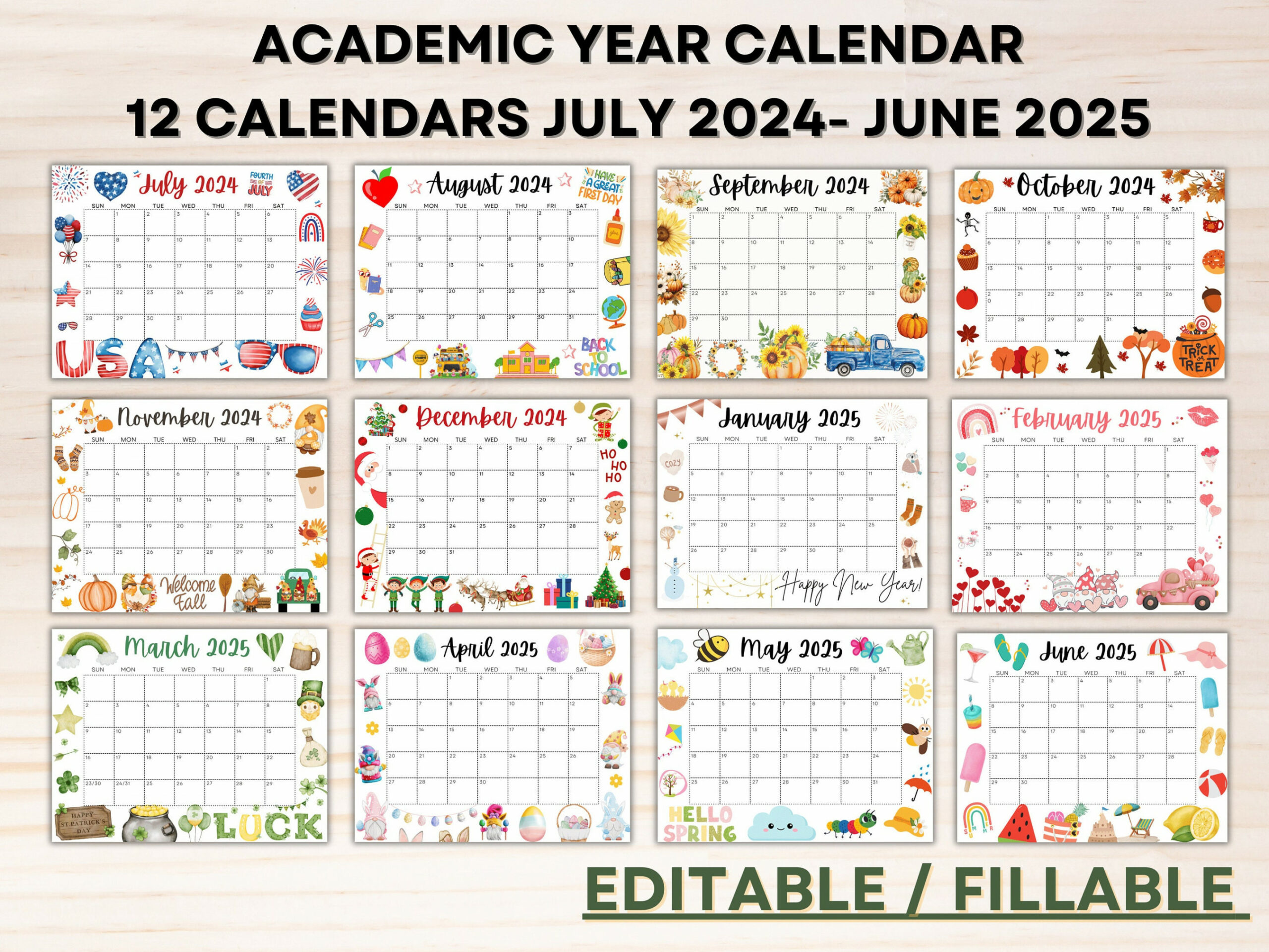 Editable School Calendar - From July to June Printable