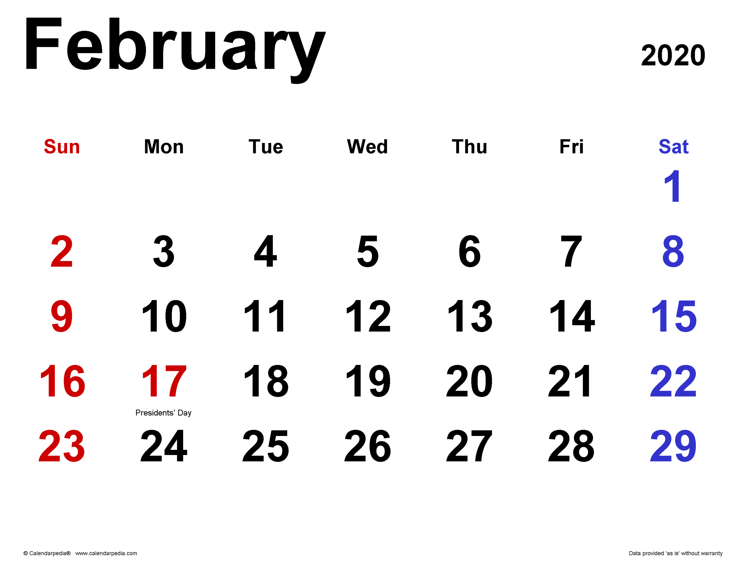 February  Calendar  Templates for Word, Excel and PDF