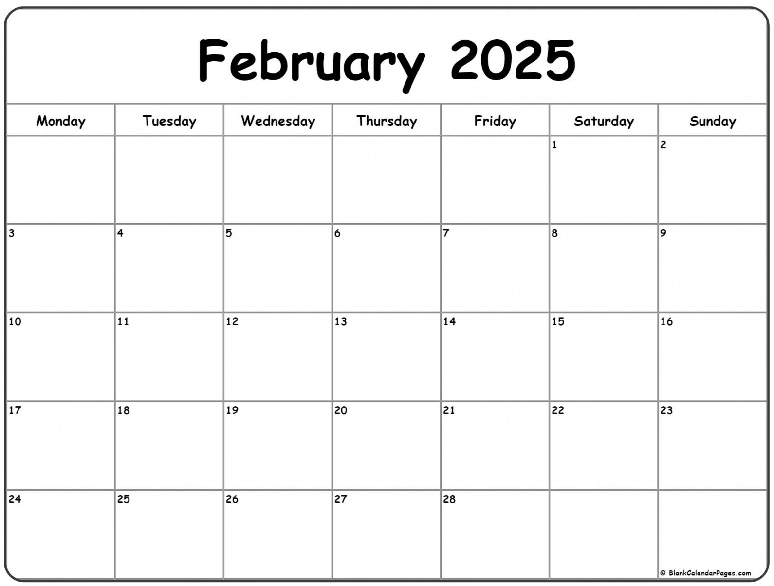 february monday calendar monday to sunday