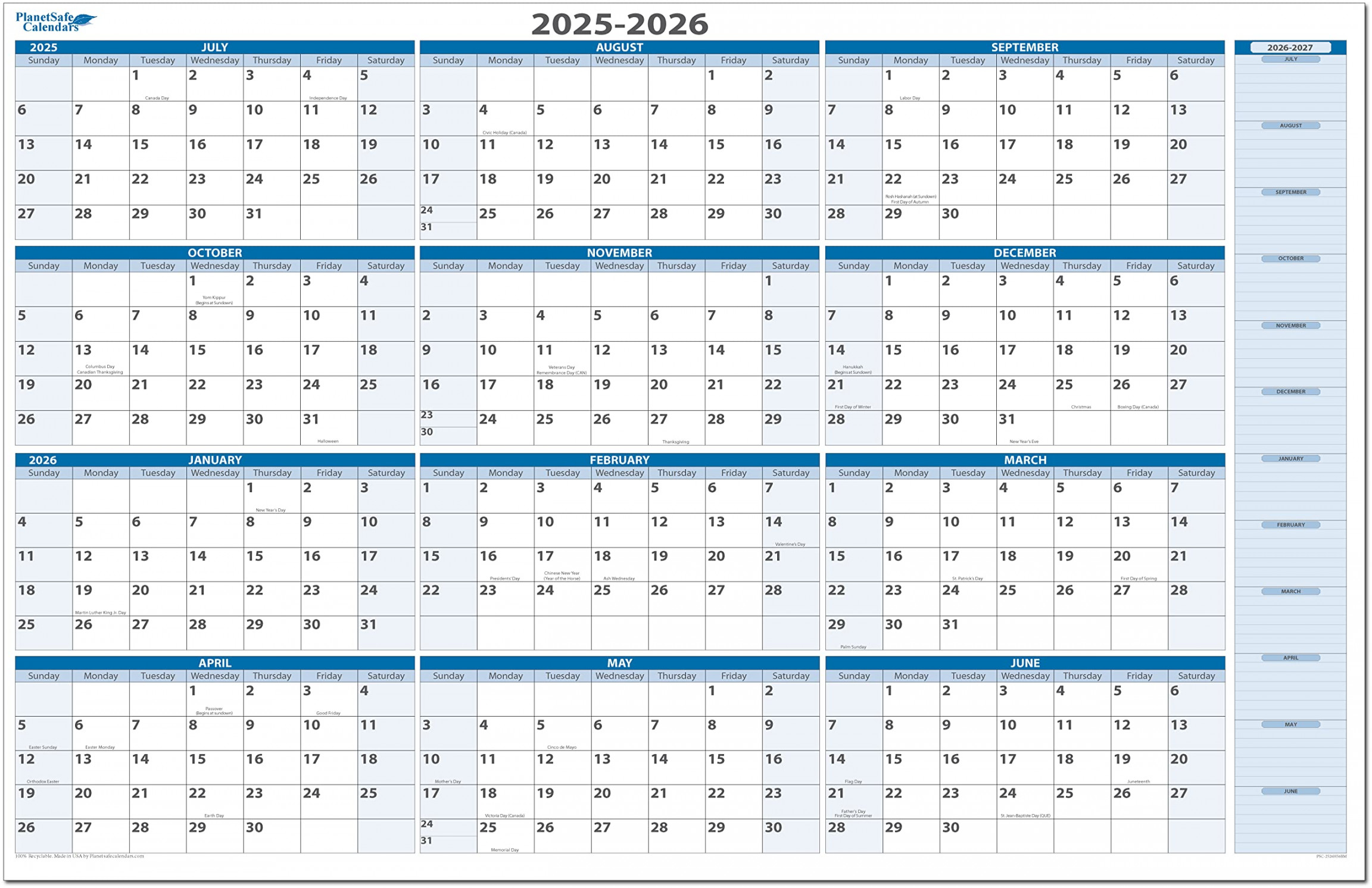 Fiscal/Academic Split Year July  to June  Horizontal  Month Wall  Calendar " x " - Dry & Wet Erasable with Next Year Planner Area