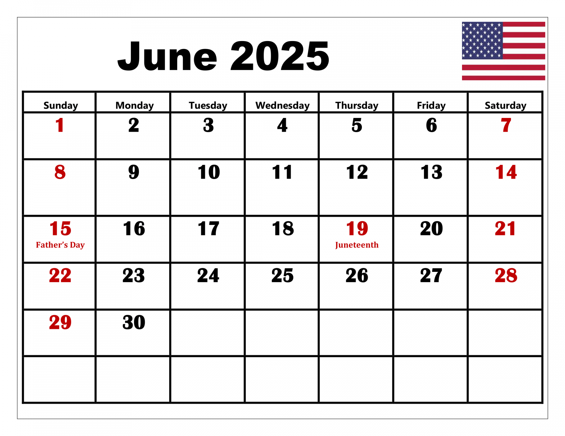 free june calendar printable pdf template with holidays 15