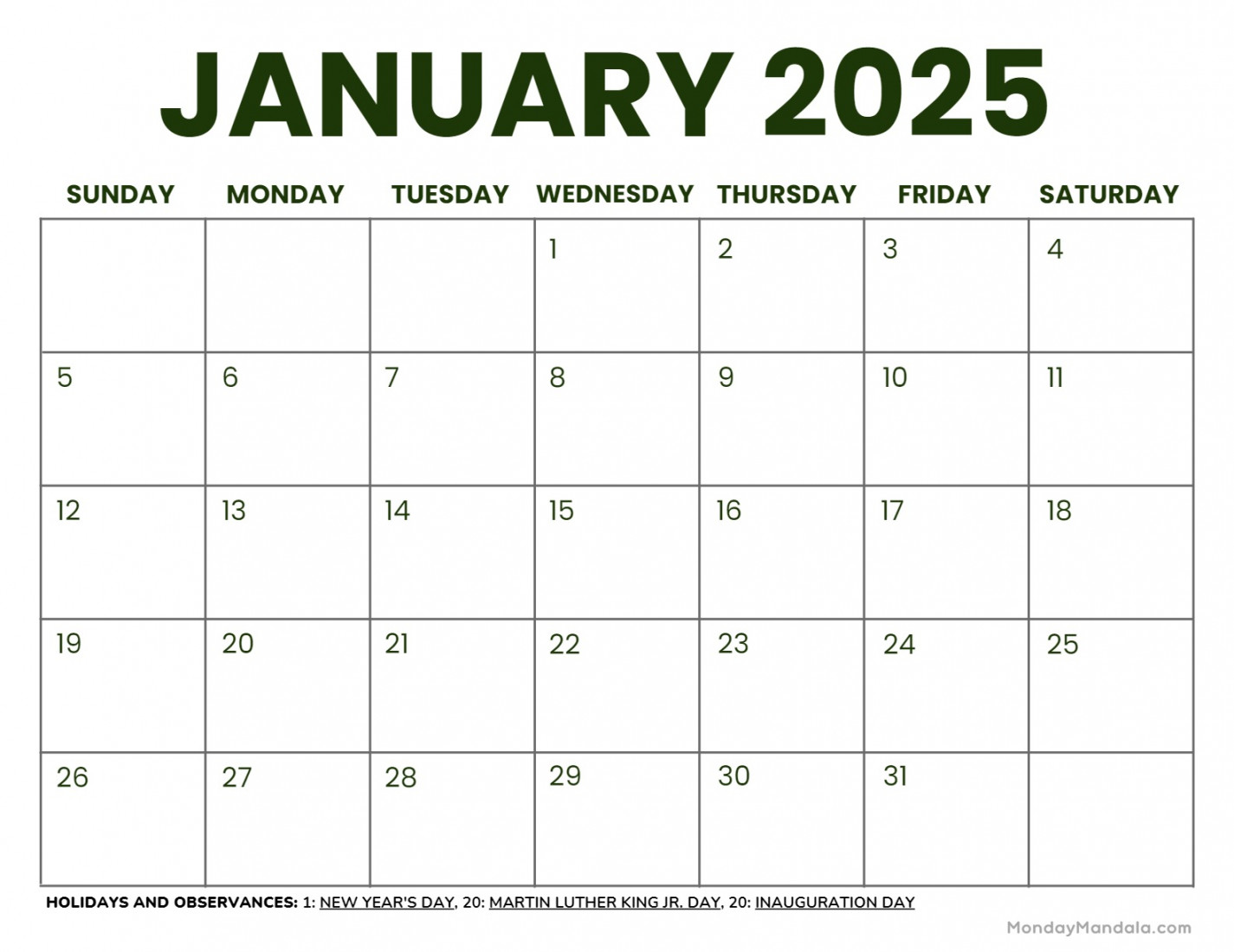 January  Calendar ( Free PDF Printables)