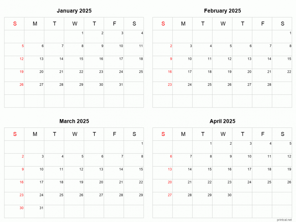 January to April  Printable Calendar  Four Months Per Page