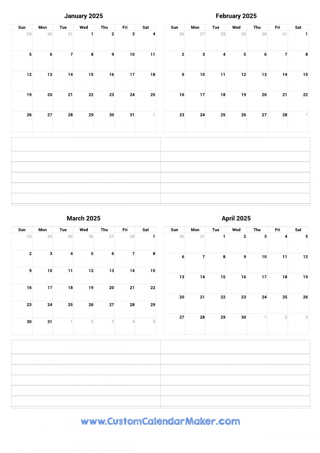 January to April  Printable Calendar