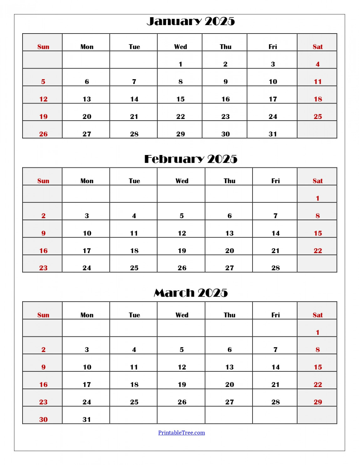 January to March  Calendar  Three Months Calendar