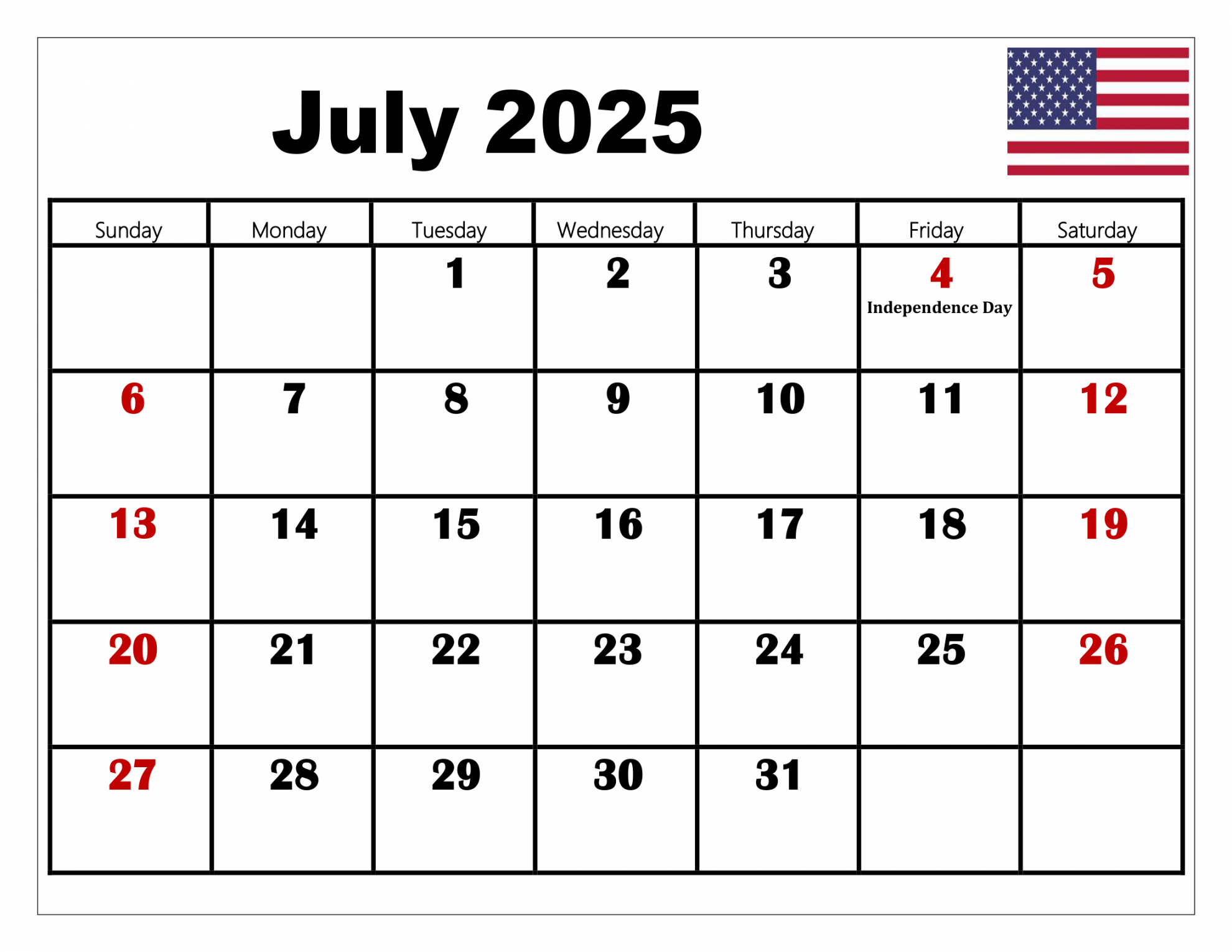 july calendar printable pdf template with holidays 0