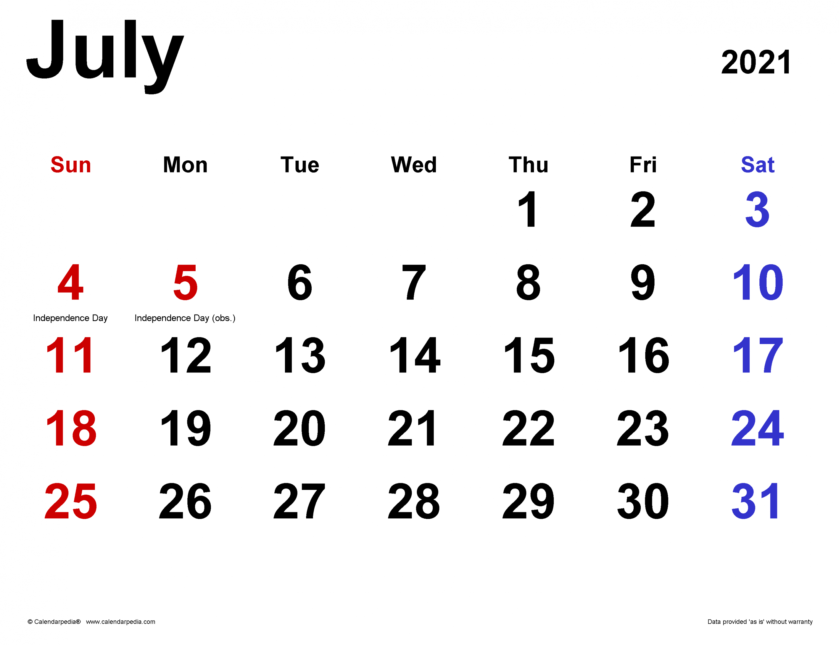 July  Calendar  Templates for Word, Excel and PDF