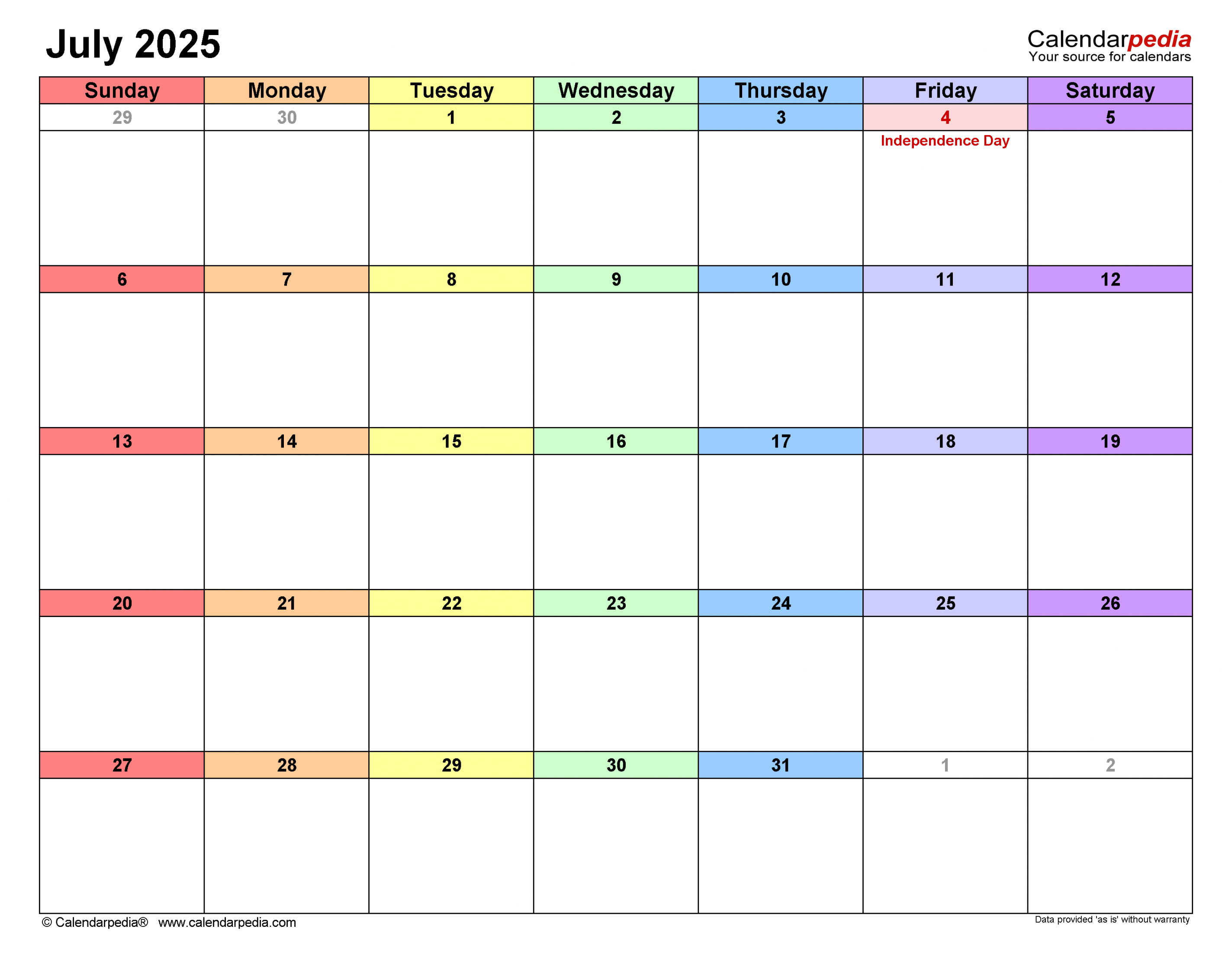 July  Calendar  Templates for Word, Excel and PDF