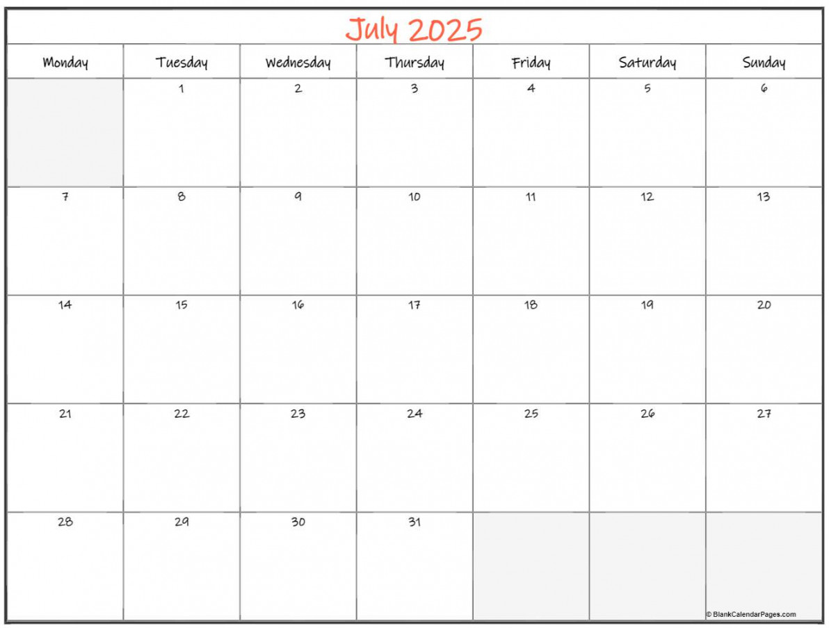 July  Monday Calendar  Monday to Sunday